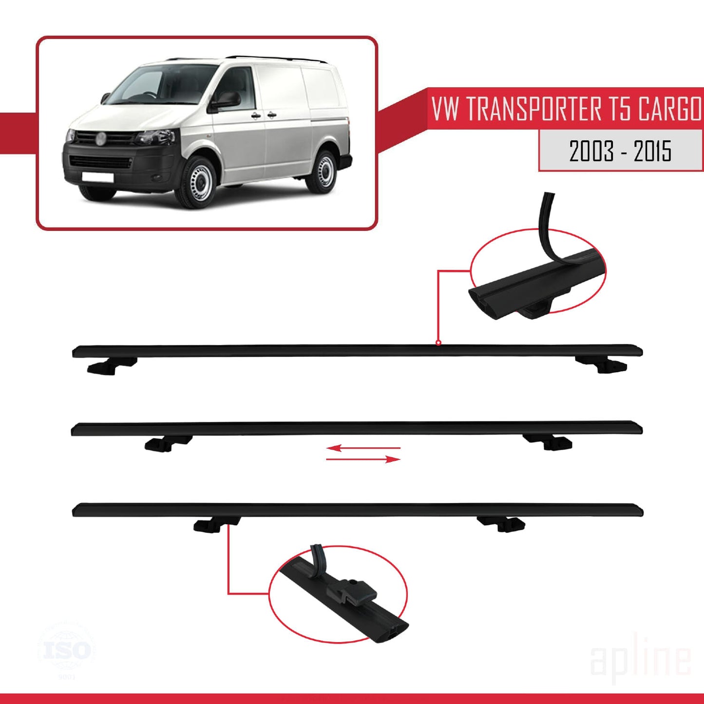 Compatible avec Volkswagen T5 Transporter 2003-2015 BASIC Model Barres de Toit Railing Porte-Bagages de Voiture Noir Aluminium 4 Barres