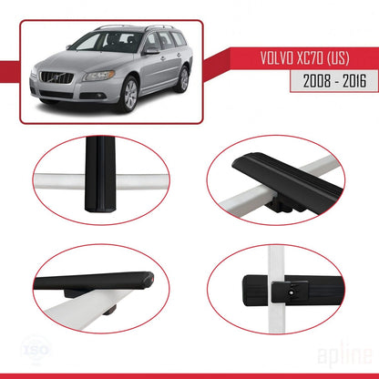 Compatible avec Volvo XC70 II (P24) 2008-2016 BASIC Model Barres de Toit Railing Porte-Bagages de Voiture Noir Aluminium 3 Barres