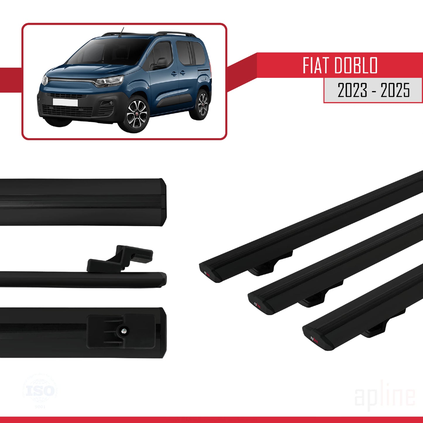 Compatibile con Fiat Doblo 3 2023-2025 modello BASIC Barre portatutto Railing Portapacchi Auto Alluminio Nero 3 Barre