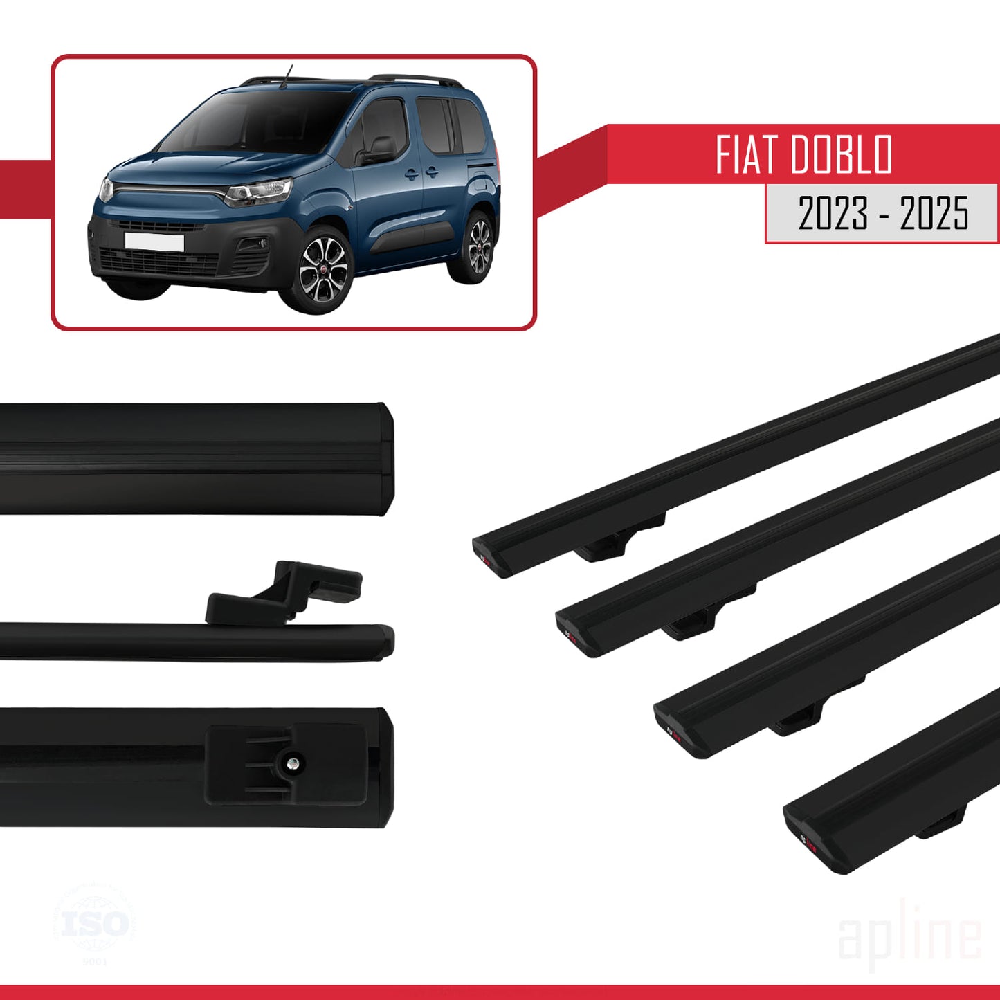 Compatibile con Fiat Doblo 3 2023-2025 modello BASIC Barre portatutto Railing Portapacchi Auto Alluminio Nero 4 Barre