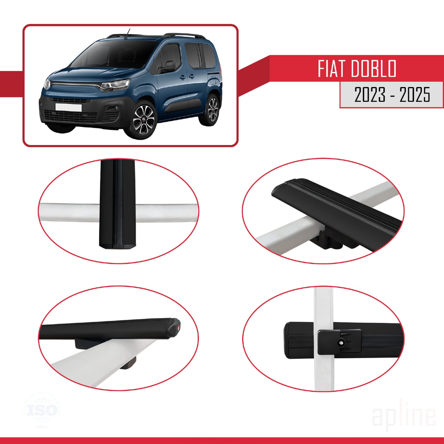 Compatibile con Fiat Doblo 3 2023-2025 modello BASIC Barre portatutto Railing Portapacchi Auto Alluminio Nero 4 Barre