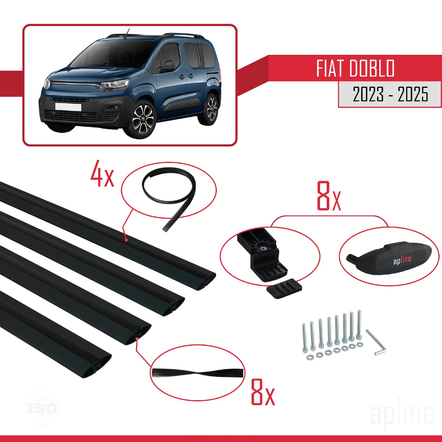 Compatibile con Fiat Doblo 3 2023-2025 modello BASIC Barre portatutto Railing Portapacchi Auto Alluminio Nero 4 Barre