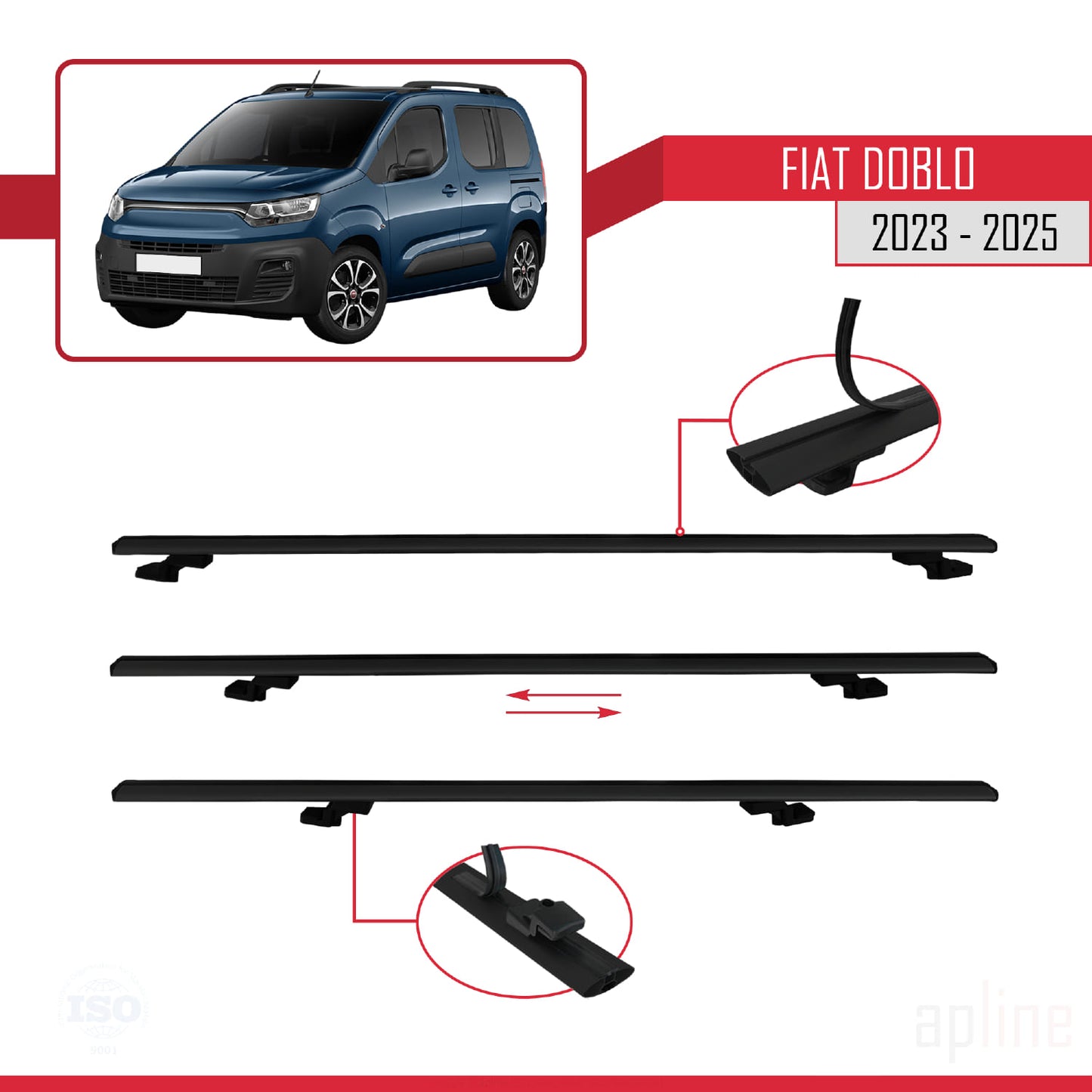 Compatibile con Fiat Doblo 3 2023-2025 modello BASIC Barre portatutto Railing Portapacchi Auto Alluminio Nero 2 Barre