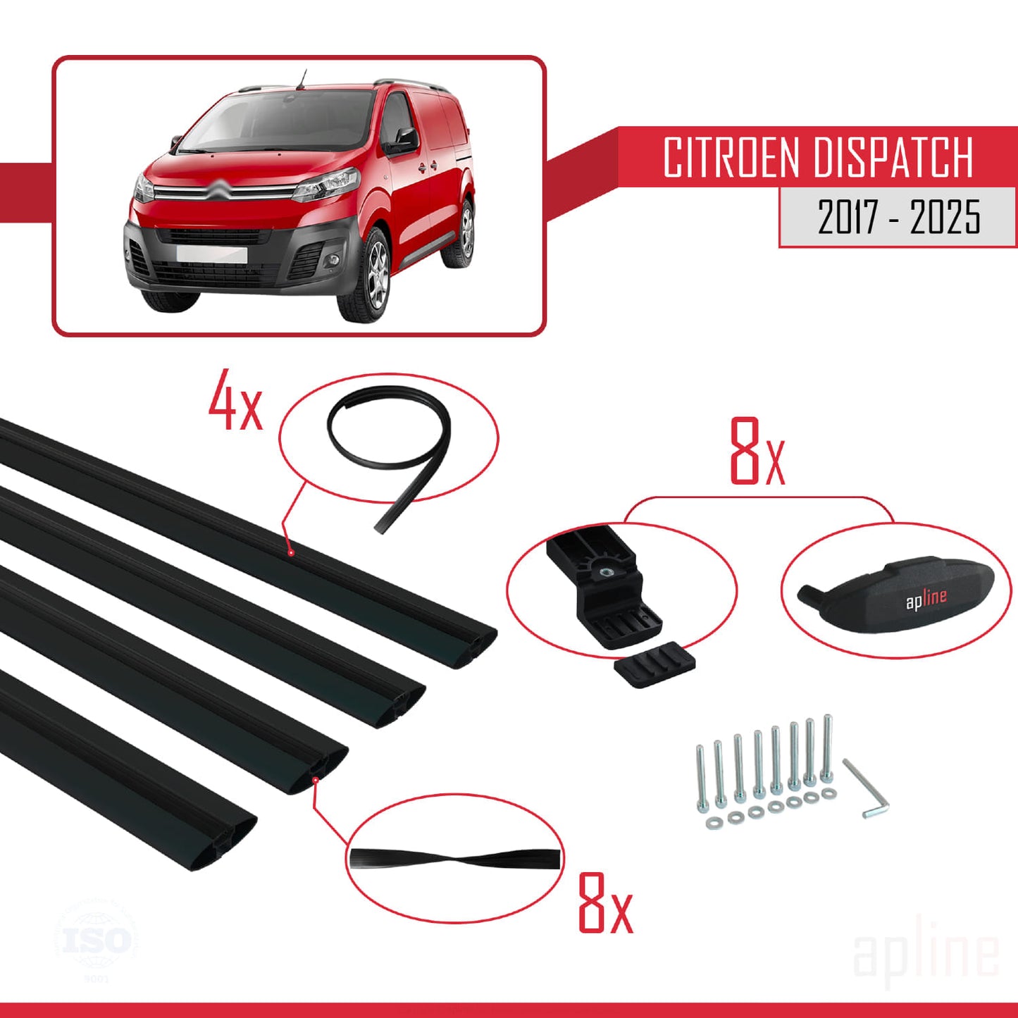 Compatibile con Citroen Dispatch (K0) 2017-2025 modello BASIC Barre portatutto per auto Portapacchi in alluminio nero 4 barre