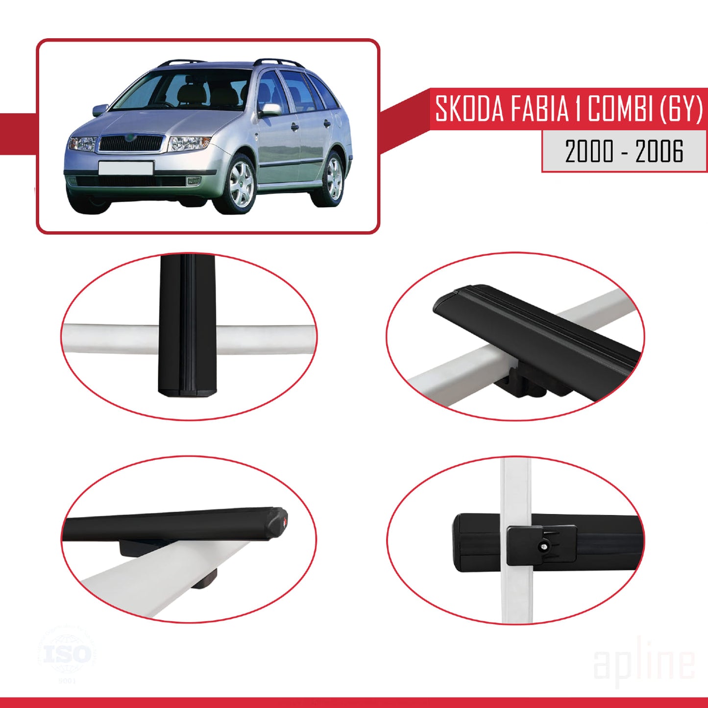 Compatible with Skoda Fabia (6Y) SW 2000-2006 BASIC Model Car Roof Rack Cross Bar Black Aluminium 3 Bars