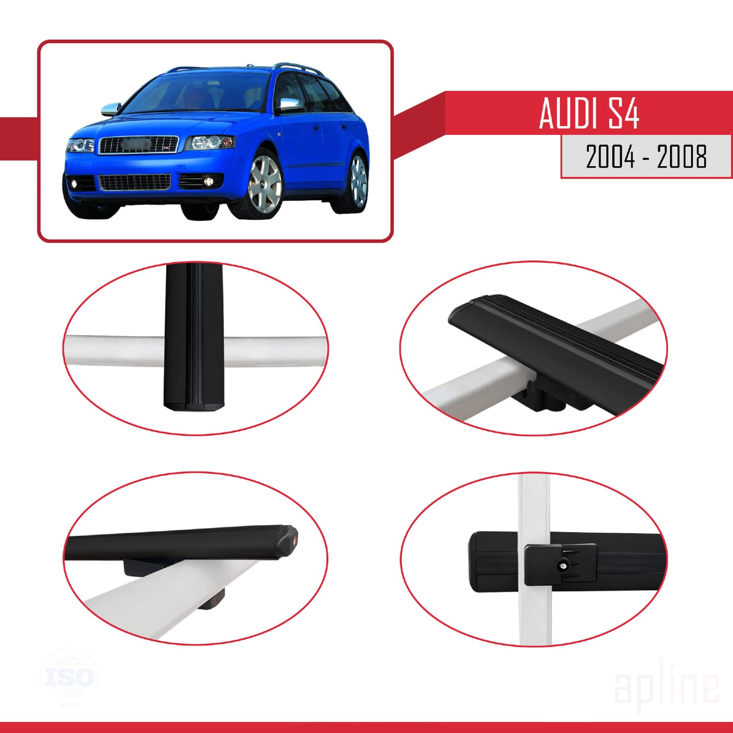 Compatible avec Audi S4 2004-2008 BASIC Model Barres de Toit Railing Porte-Bagages de Voiture Noir Aluminium 3 Barres