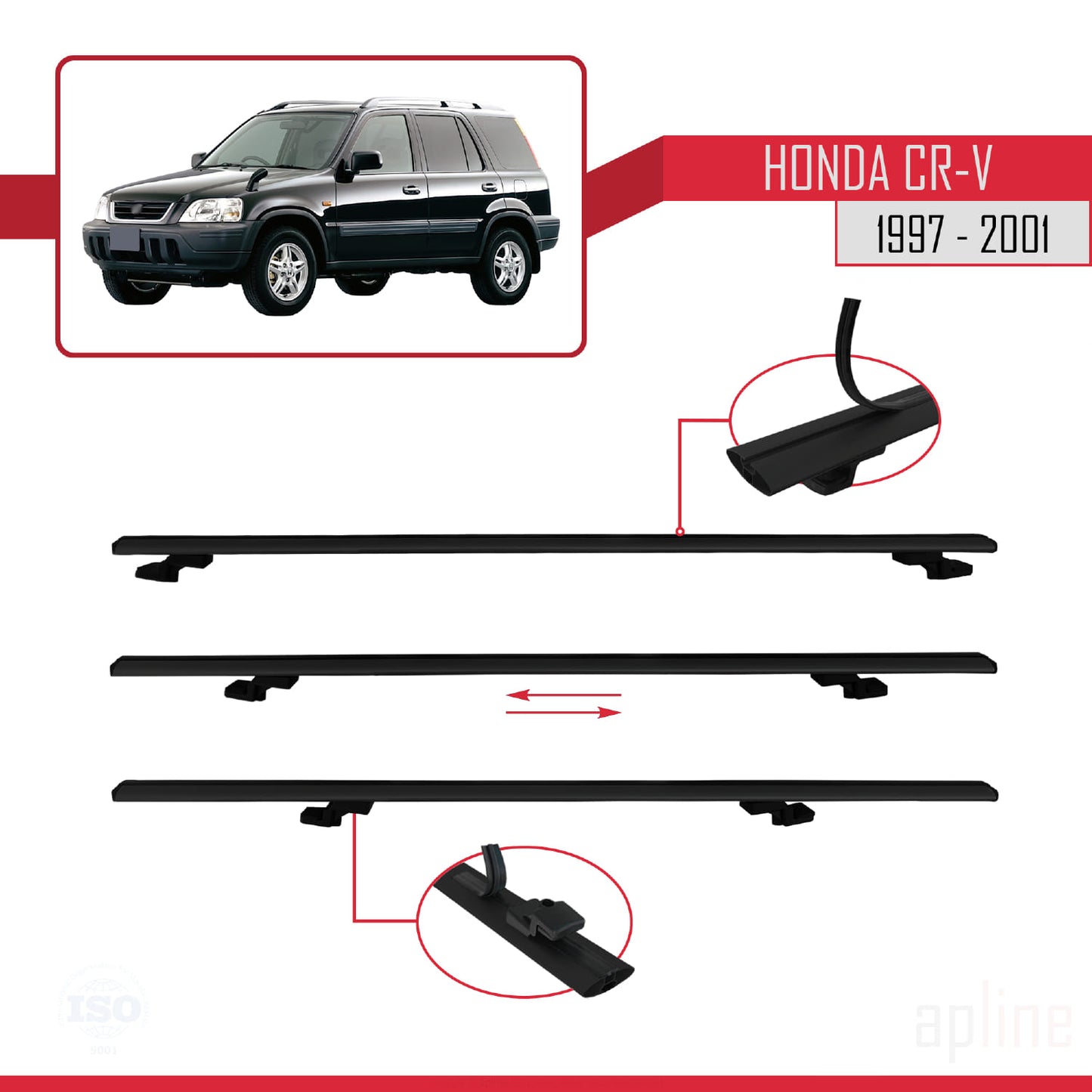 Compatible avec Honda CR-V 1997-2001 BASIC Model Barres de Toit Railing Porte-Bagages de Voiture Noir Aluminium 3 Barres