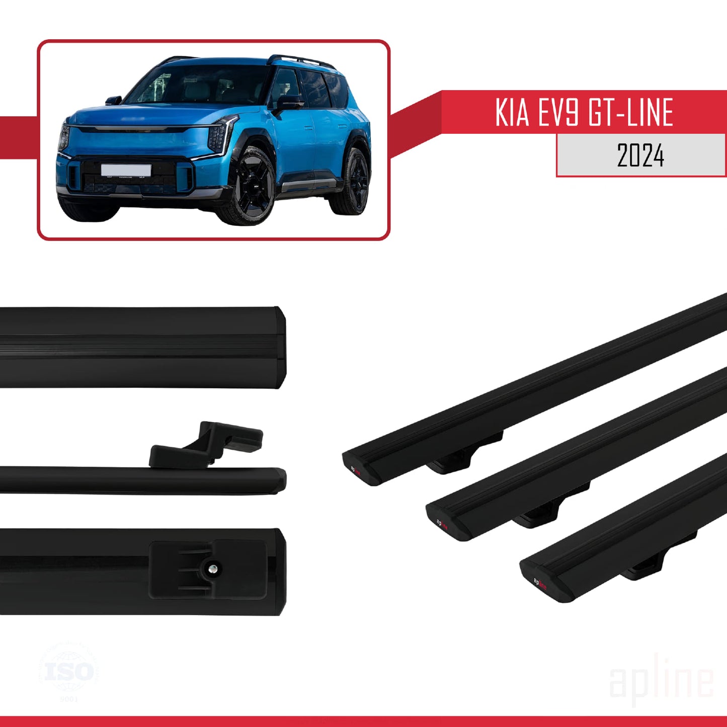 Compatible avec KIA EV9 GT-LINE 2024-2025 BASIC Model Barres de Toit Railing Porte-Bagages de Voiture Noir Aluminium 3 Barres