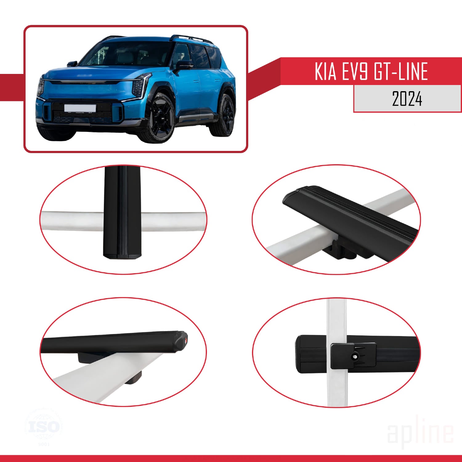 Compatible avec KIA EV9 GT-LINE 2024-2025 BASIC Model Barres de Toit Railing Porte-Bagages de Voiture Noir Aluminium 3 Barres