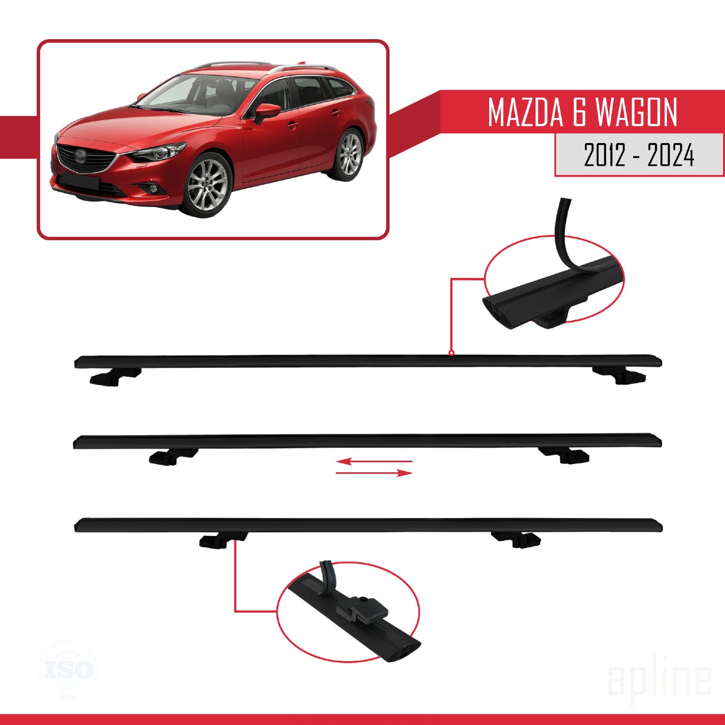 Compatible avec Mazda 6 Wagon 2012-2024 BASIC Model Barres de Toit Railing Porte-Bagages de Voiture Noir Aluminium 3 Barres