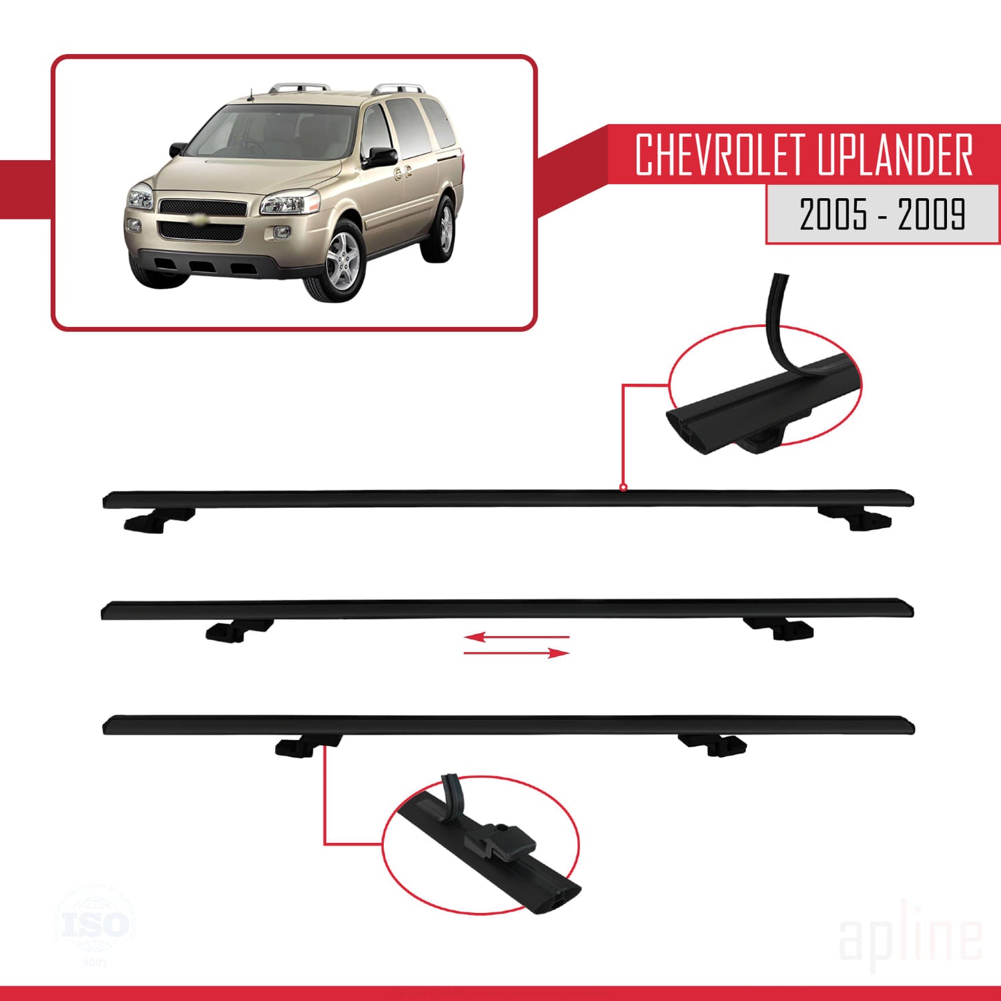 Compatible avec Chevrolet Uplander 2005-2009 BASIC Model Barres de Toit Railing Porte-Bagages de Voiture Noir Aluminium 3 Barres