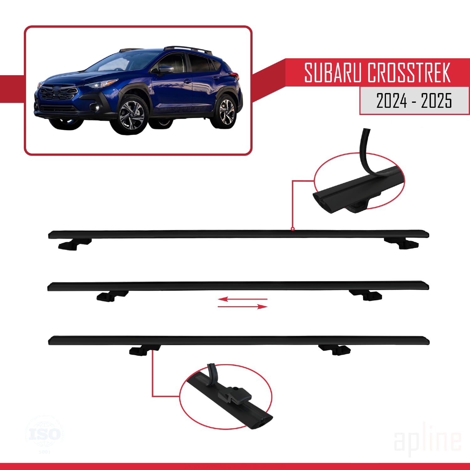 Compatible avec Subaru Crosstrek 2024-2025 BASIC Model Barres de Toit Railing Porte-Bagages de Voiture Noir Aluminium 3 Barres