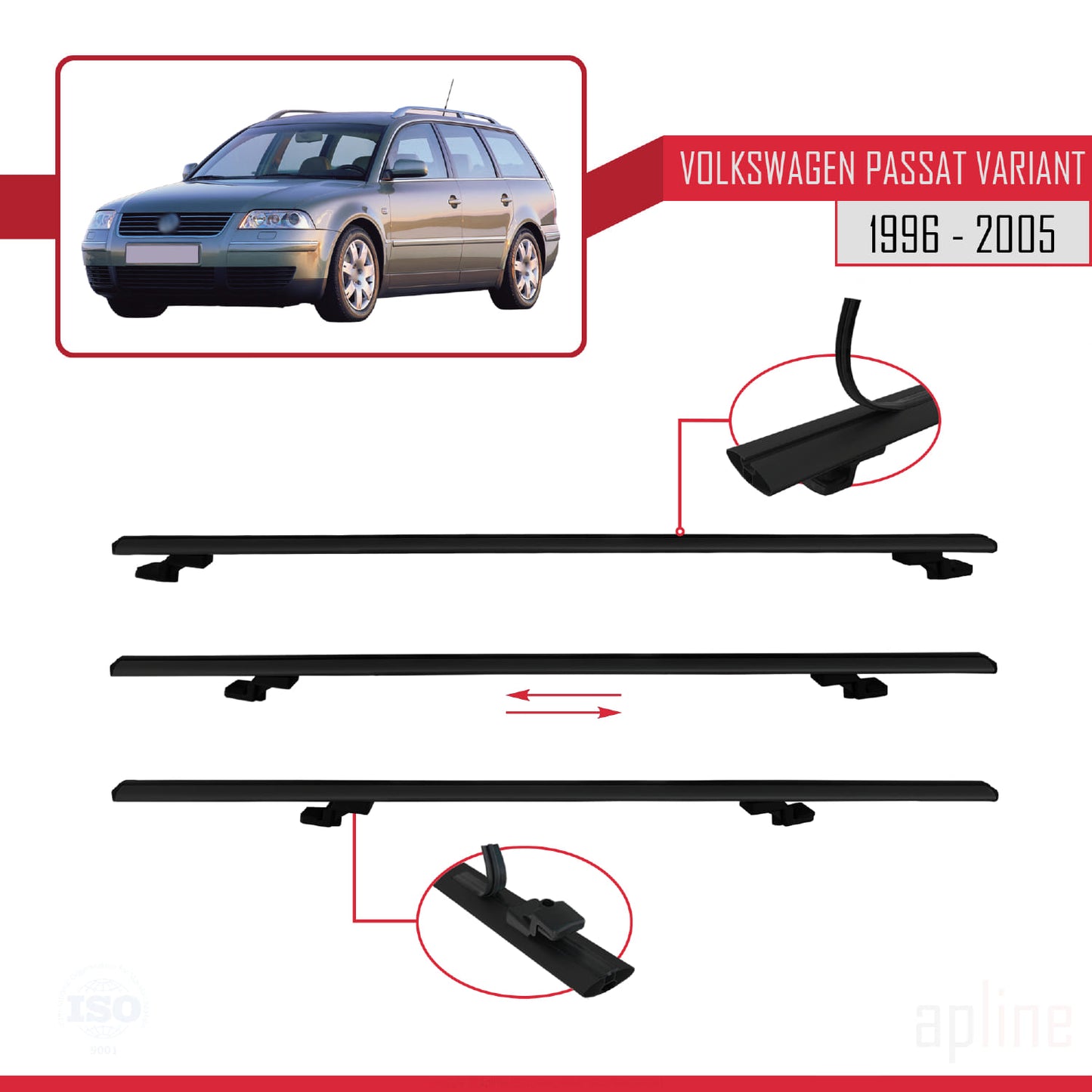 Compatible avec VW Passat B5 Variant 1996-2005 BASIC Model Barres de Toit Railing Porte-Bagages de Voiture Noir Aluminium 2 Barres