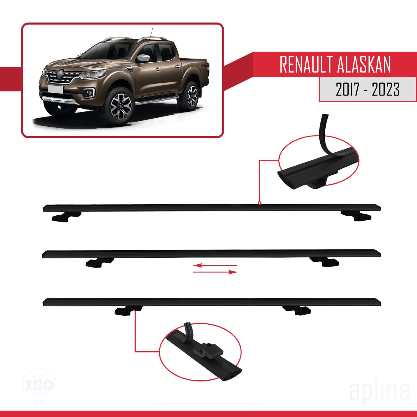 Compatible avec Renault Alaskan 2017-2023 BASIC Model Barres de Toit Railing Porte-Bagages de Voiture Noir Aluminium 2 Barres