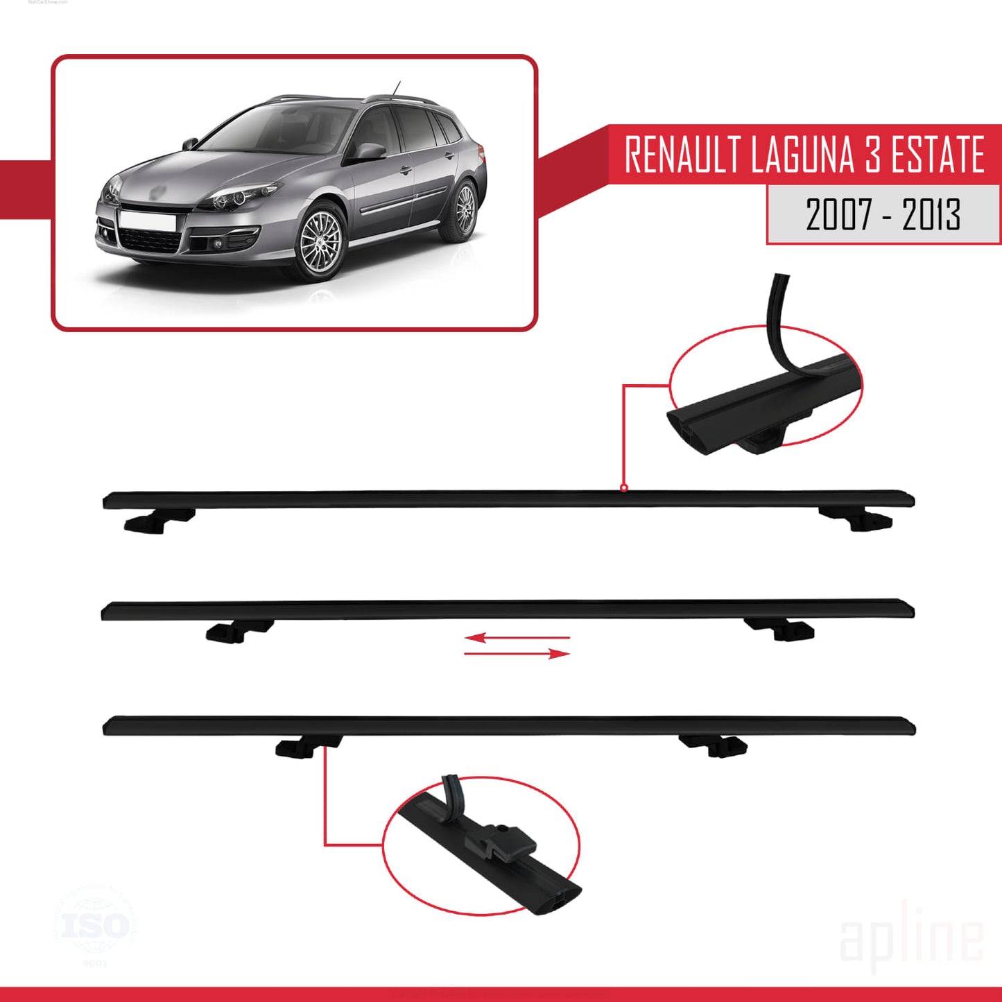 Compatible avec Renault Laguna 3 Estate 2007-2013 BASIC Model Barres de Toit Railing Porte-Bagages de Voiture Noir Aluminium 2 Barres