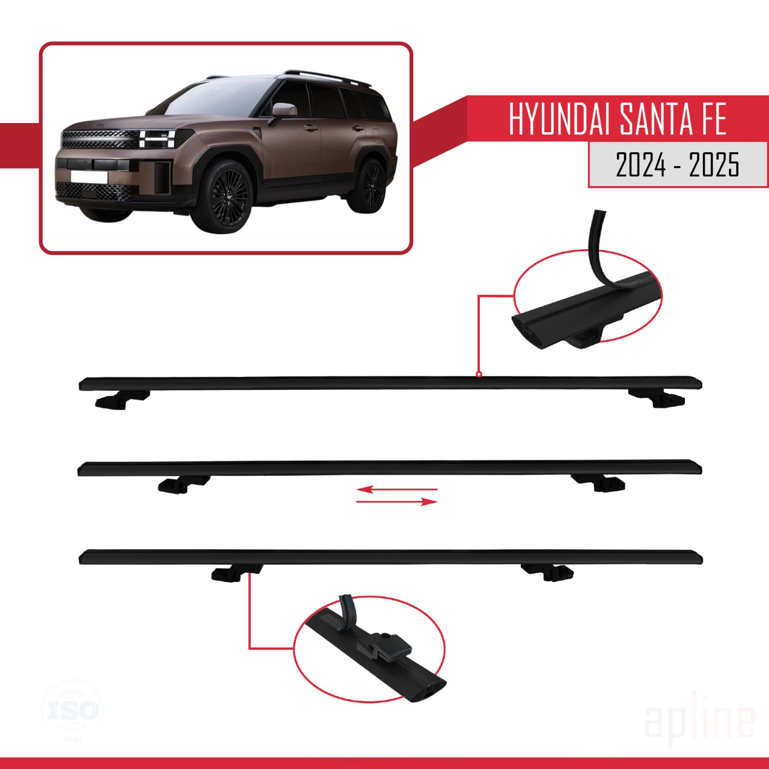 Compatible avec Hyundai Santa Fe 2024-2025 BASIC Model Barres de Toit Railing Porte-Bagages de Voiture Noir Aluminium 2 Barres