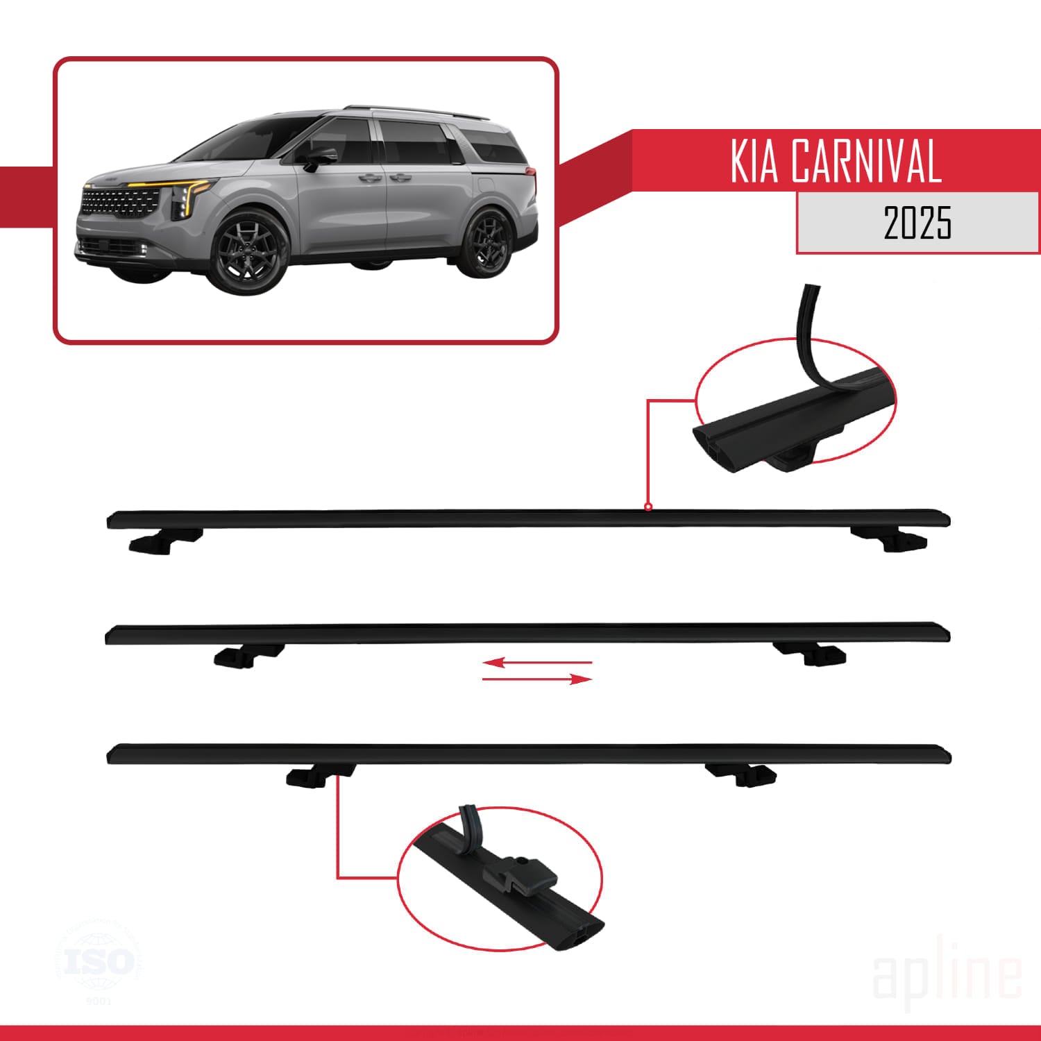 Compatible avec Kia Carnival 2025 BASIC Model Barres de Toit Railing Porte-Bagages de Voiture Noir Aluminium 3 Barres