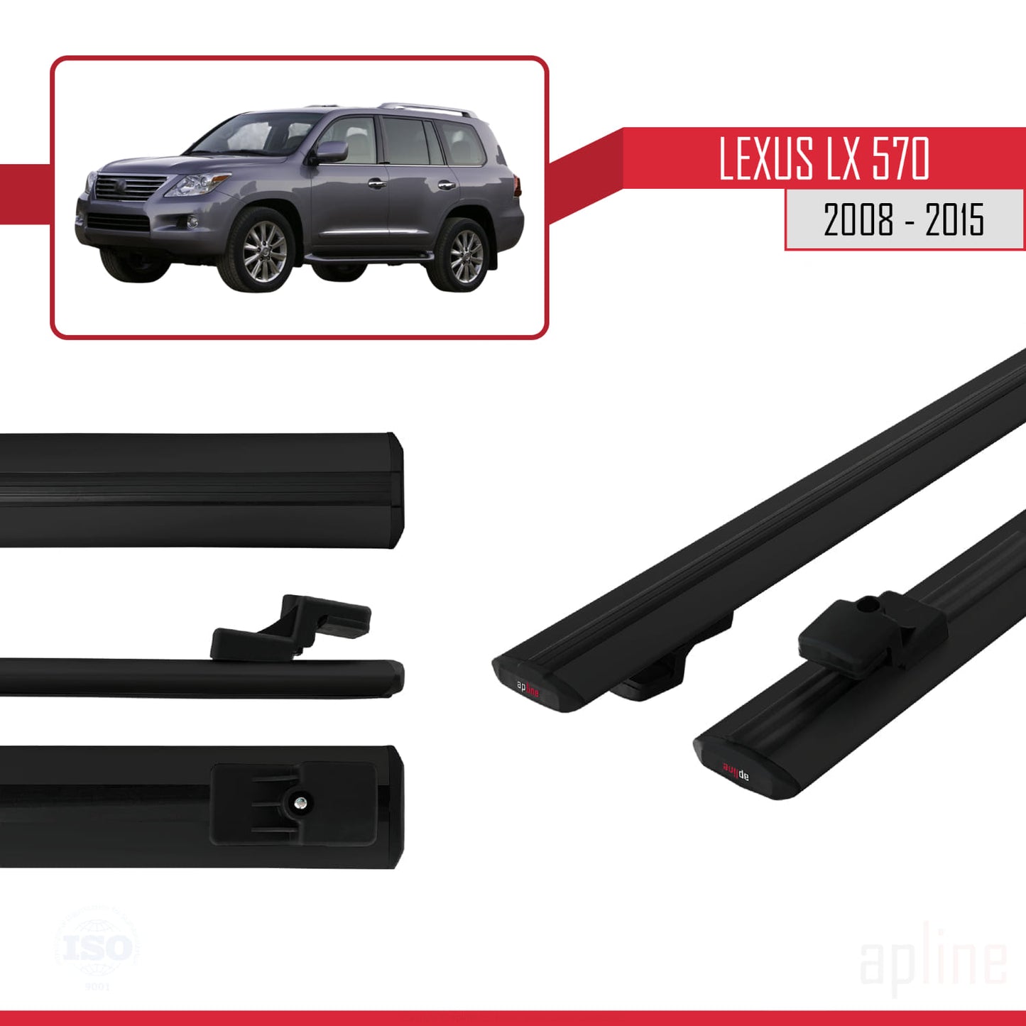 Compatible avec Lexus LX 570 2008-2015 BASIC Model Barres de Toit Railing Porte-Bagages de Voiture Noir Aluminium 2 Barres