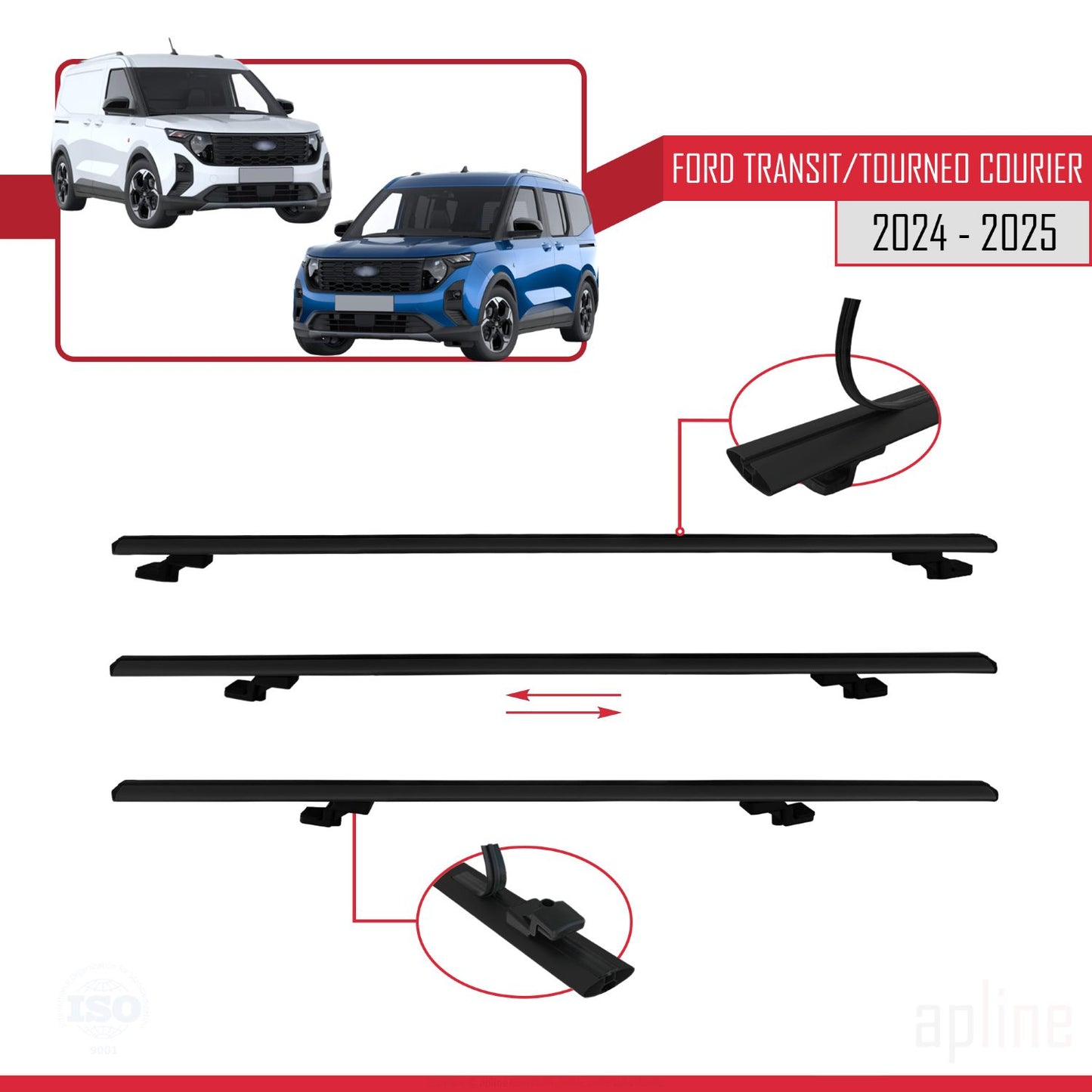 Compatibile con Ford Transit/Tourneo Courier 2024-2025 modello BASIC Barre portatutto per auto Portapacchi in alluminio nero 3 barre