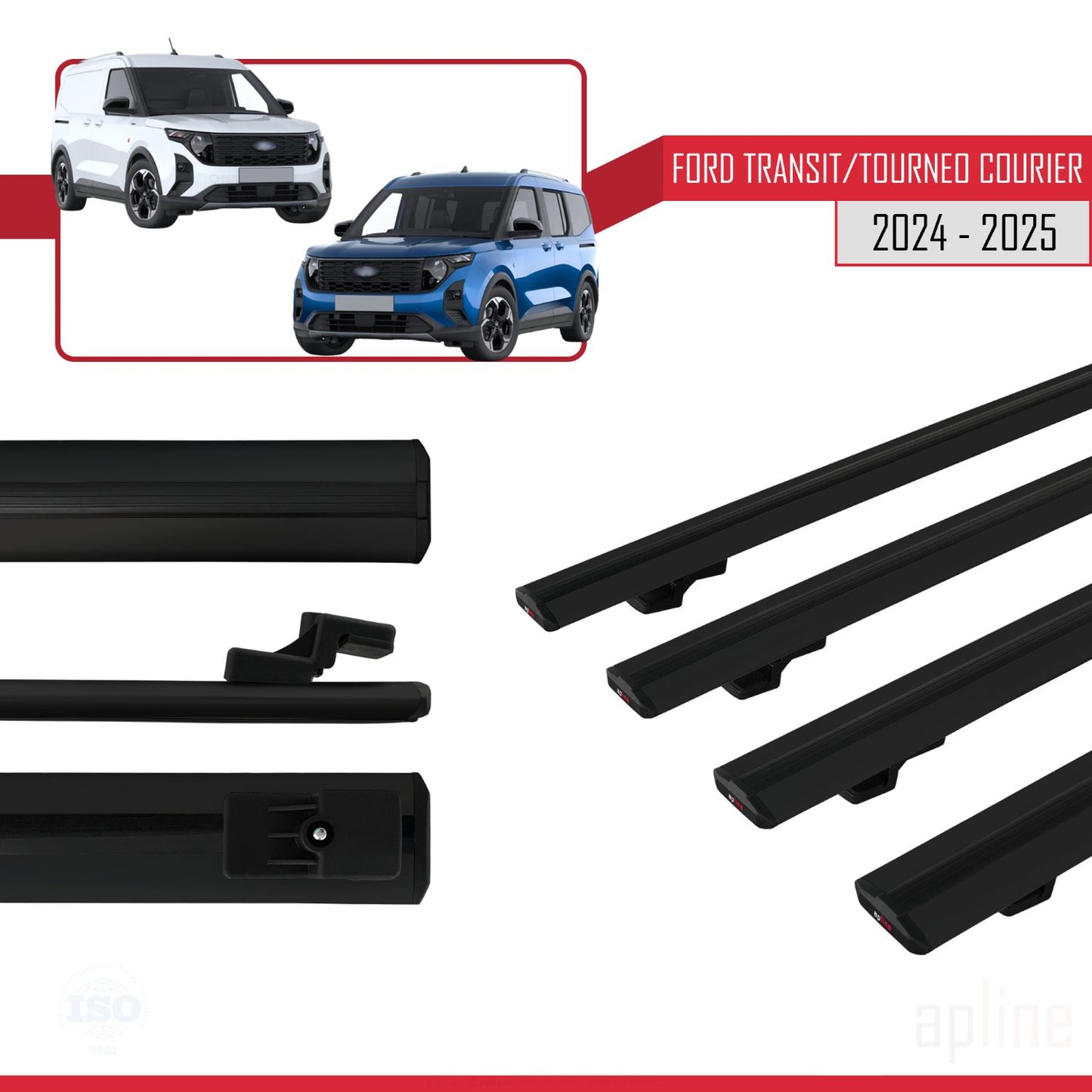 Compatibile con Ford Transit/Tourneo Courier 2024-2025 modello BASIC Barre portatutto per auto Portapacchi in alluminio nero 4 barre