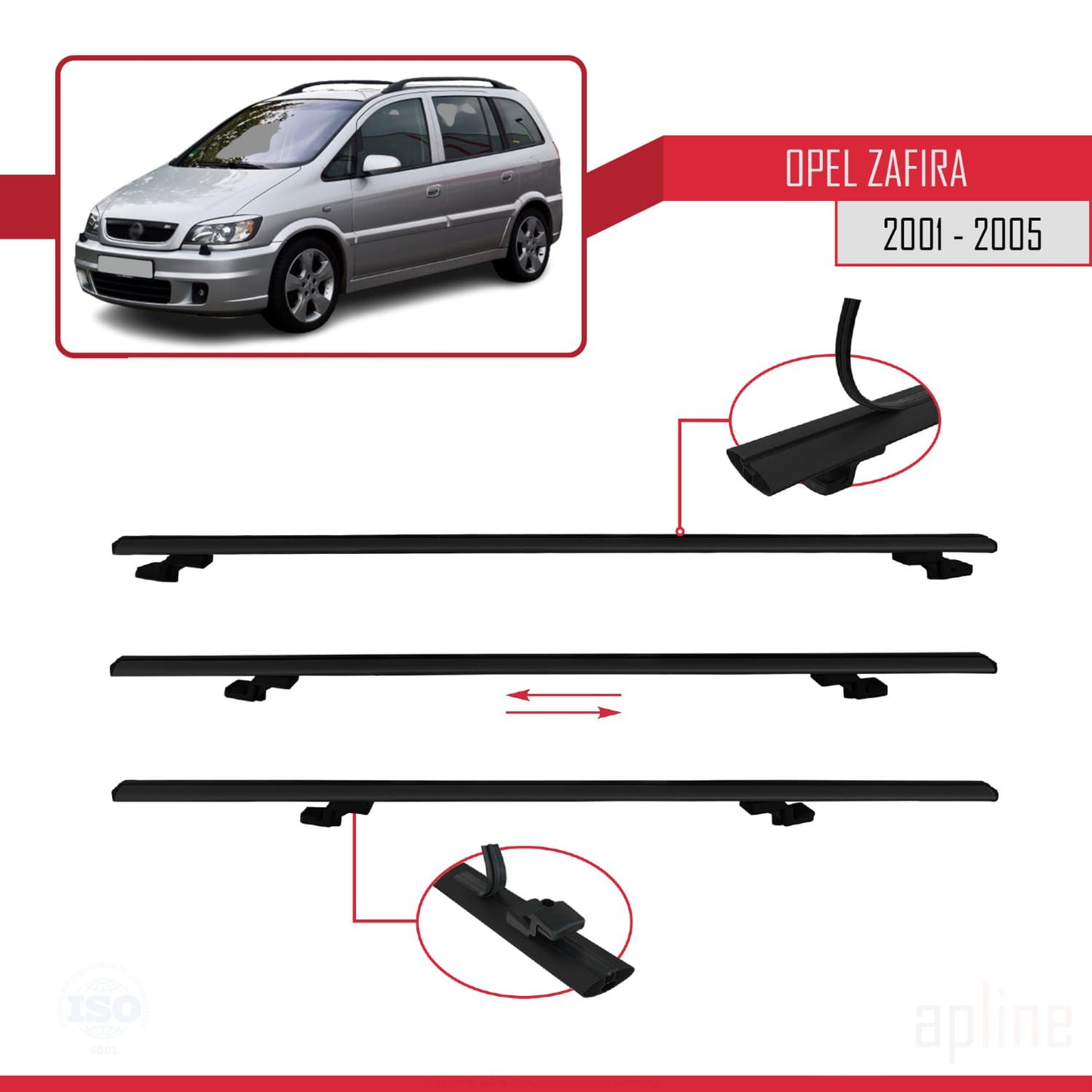 Compatible avec Opel Zafira A (T98) 2001-2005 BASIC Model Barres de Toit Railing Porte-Bagages de Voiture Noir Aluminium 3 Barres