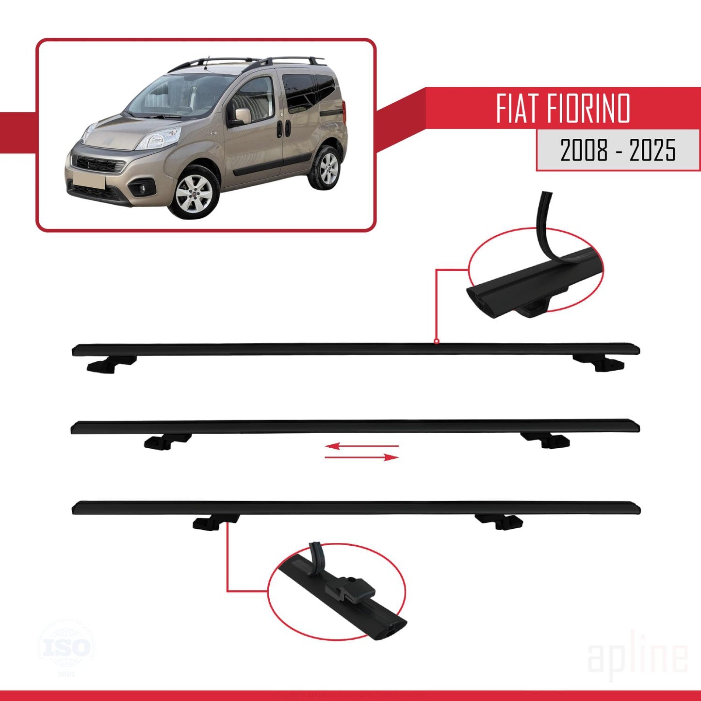 Compatibile con Fiat Fiorino (modello tubolare) 2008-2025 modello BASIC Barre portatutto per auto Portapacchi in alluminio nero 3 barre