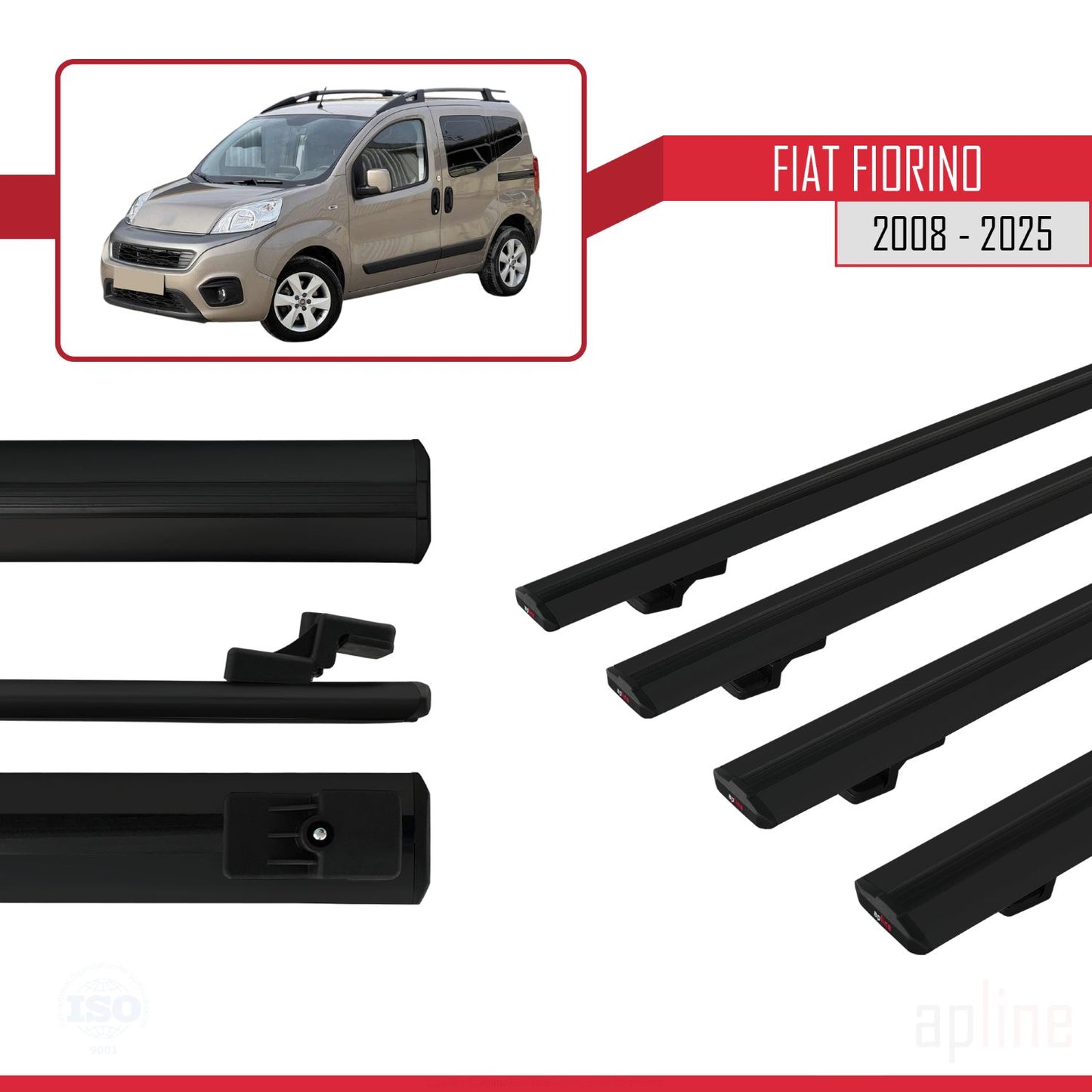 Compatibile con Fiat Fiorino (modello tubolare) 2008-2025 modello BASIC Barre portatutto per auto Portapacchi in alluminio nero 4 barre