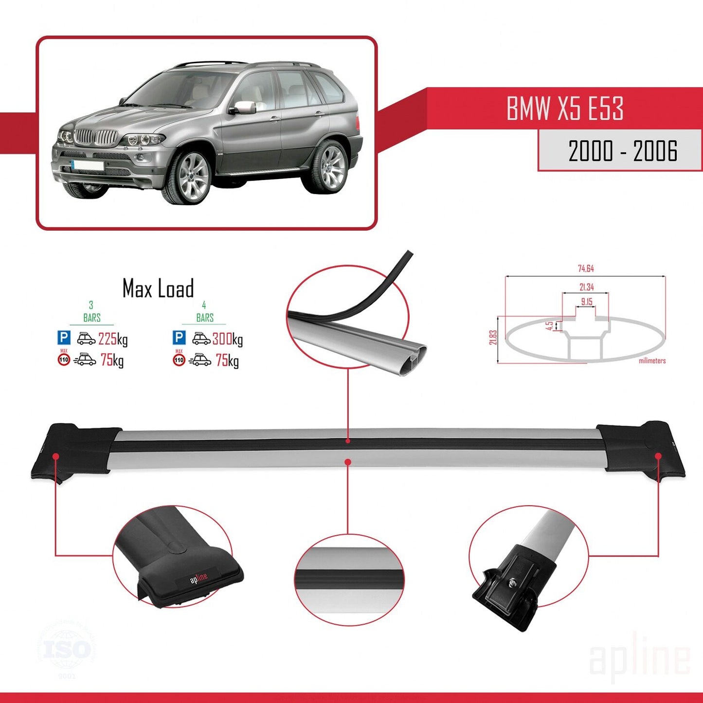 Compatibile con BMW X5 (E53) 2000-2006 modello FLY Barre portatutto per auto Portapacchi in alluminio grigio 3 barre