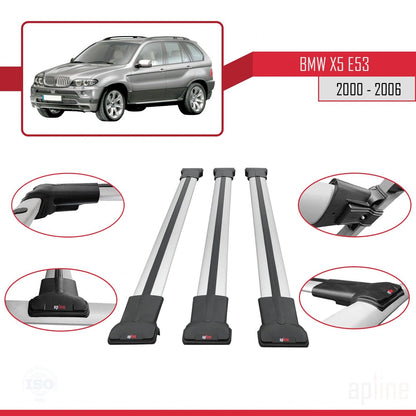 Compatibile con BMW X5 (E53) 2000-2006 modello FLY Barre portatutto per auto Portapacchi in alluminio grigio 3 barre