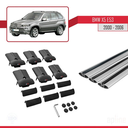 Compatibile con BMW X5 (E53) 2000-2006 modello FLY Barre portatutto per auto Portapacchi in alluminio grigio 3 barre