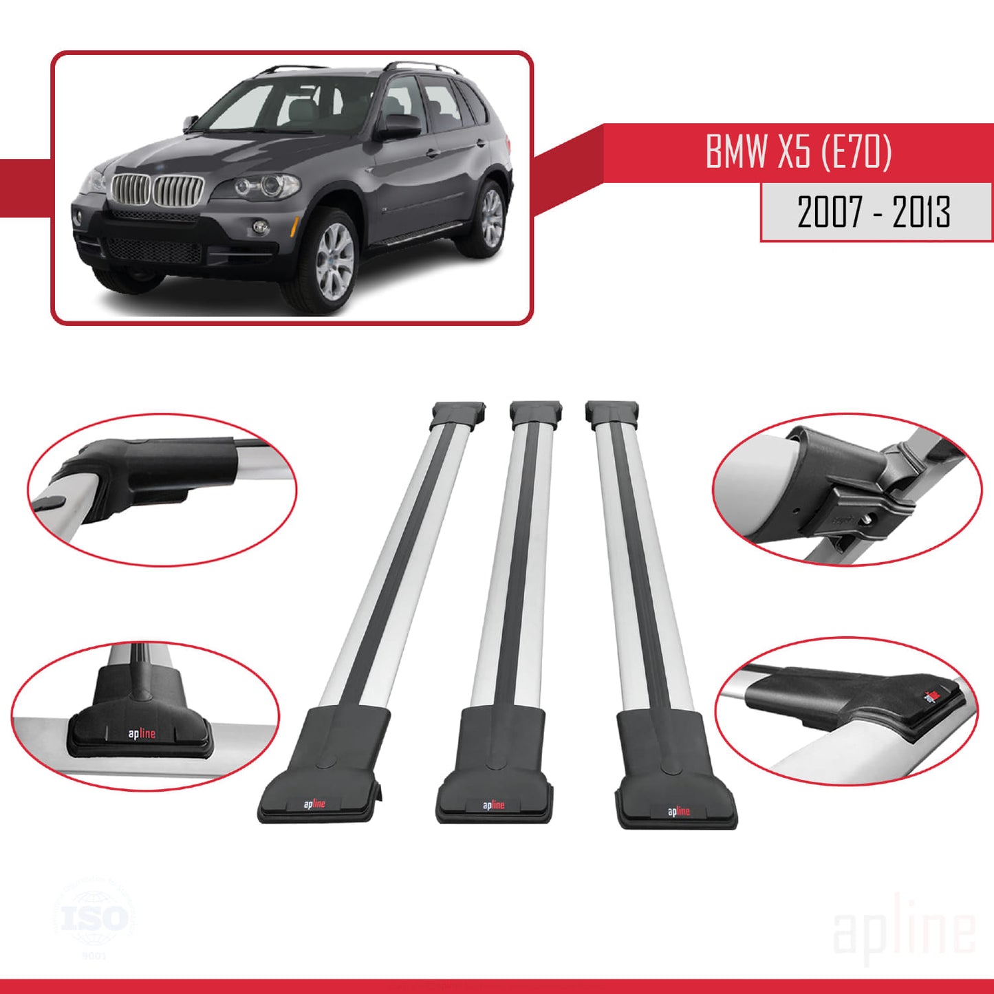 Compatibile con BMW X5 (E70) 2007-2013 modello FLY Barre portatutto per auto Portapacchi in alluminio grigio 3 barre