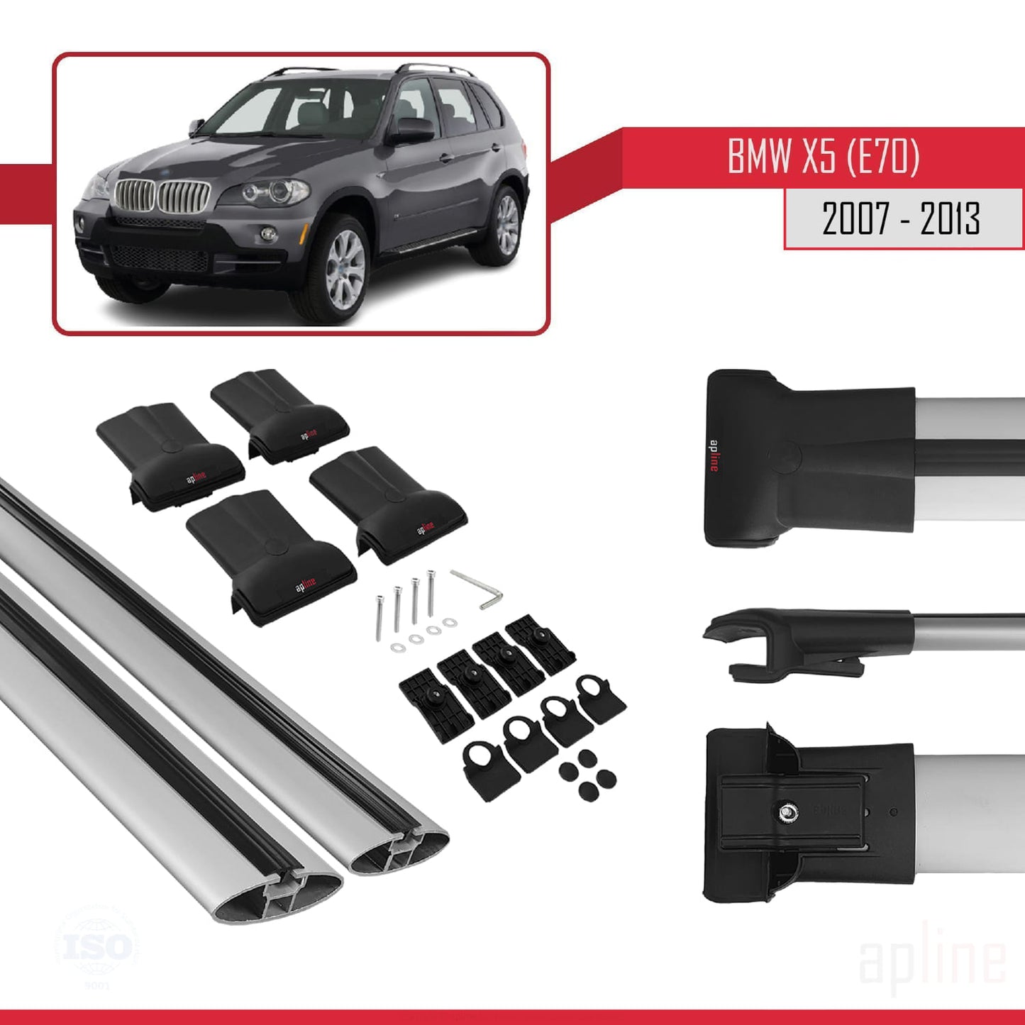 Compatibile con BMW X5 (E70) 2007-2013 modello FLY Barre portatutto per auto Portapacchi in alluminio grigio 2 barre