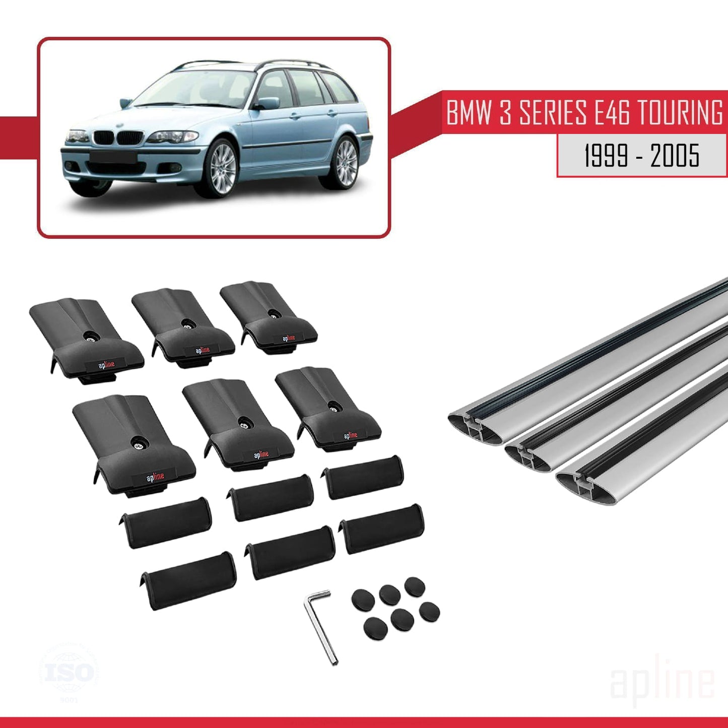 Compatibile con BMW Serie 3 (E46) Touring 1999-2005 Modello FLY Barre portatutto per auto Portapacchi in alluminio grigio 3 barre