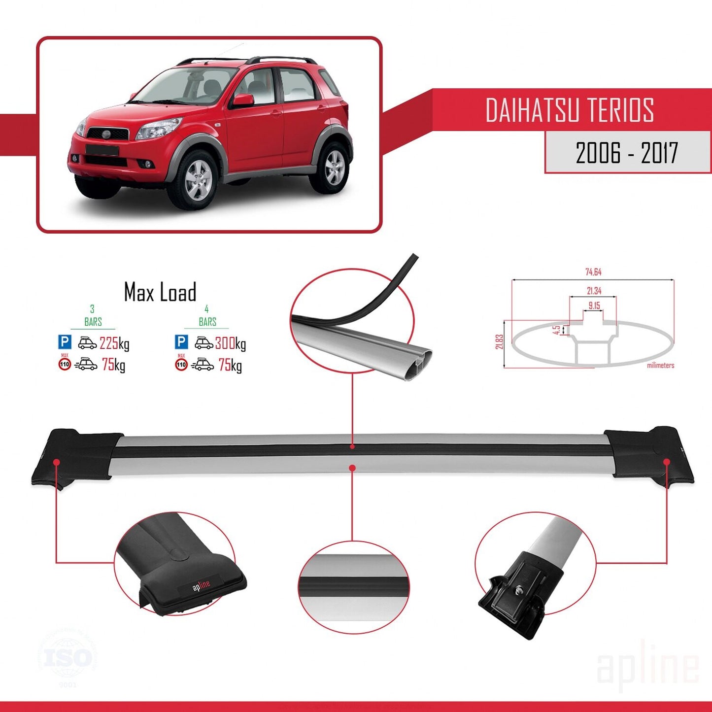 Compatibile con Daihatsu Terios 2 (J200) 2006-2017 modello FLY Barre portatutto per auto Portapacchi in alluminio grigio 3 barre