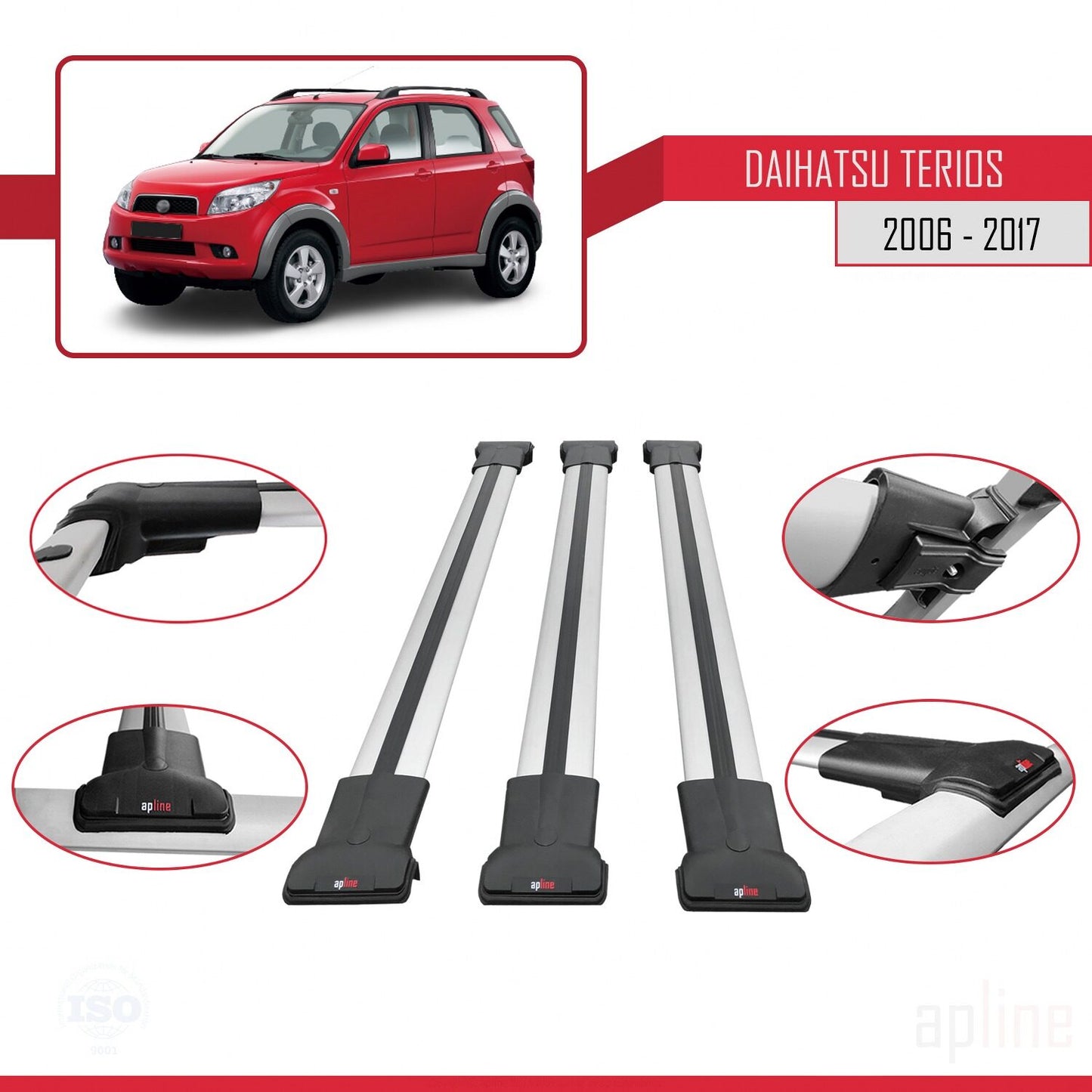 Compatibile con Daihatsu Terios 2 (J200) 2006-2017 modello FLY Barre portatutto per auto Portapacchi in alluminio grigio 3 barre