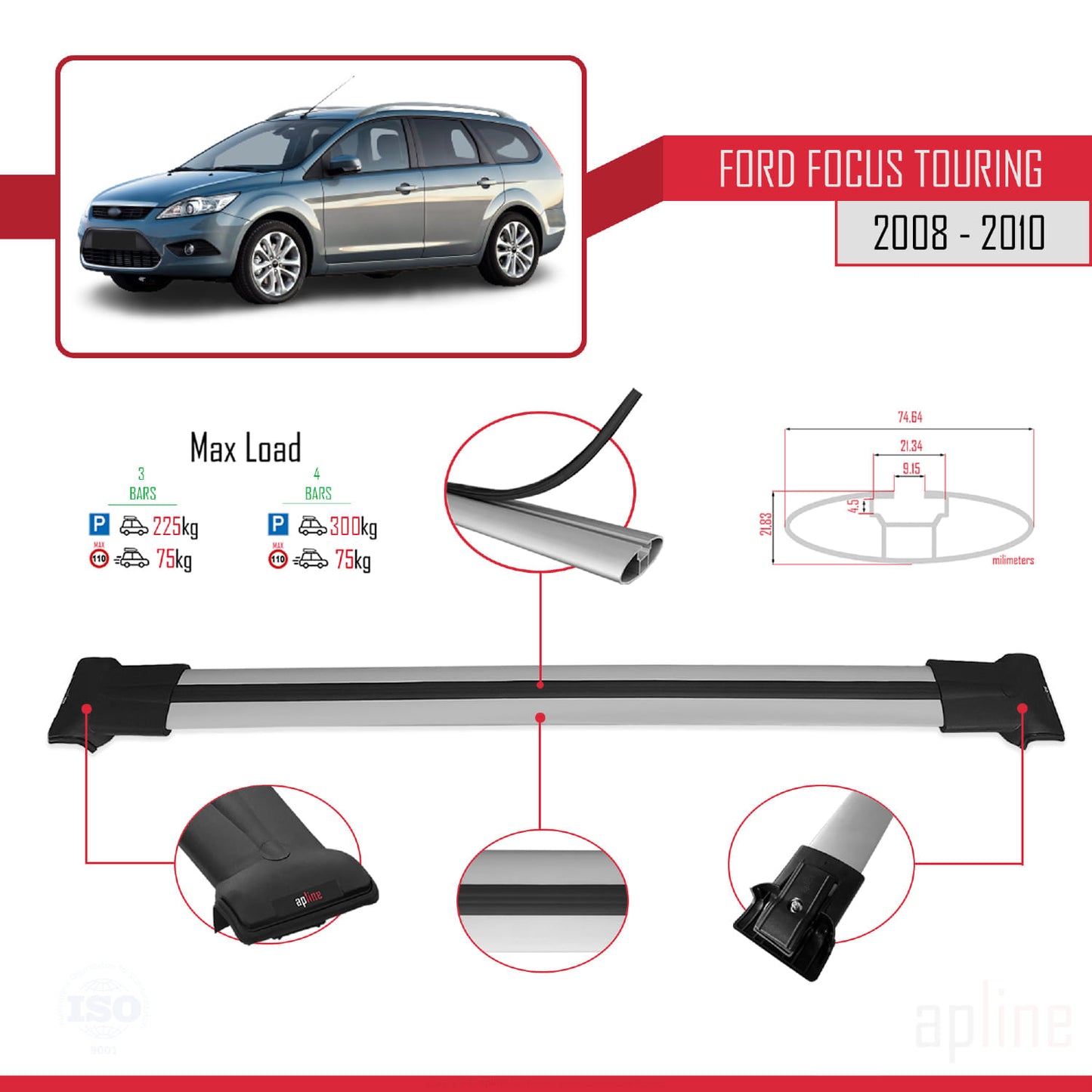 Compatibile con Ford Focus 2 (C307) Turnier 2008-2010 modello FLY Barre portatutto per auto Portapacchi in alluminio grigio 3 barre