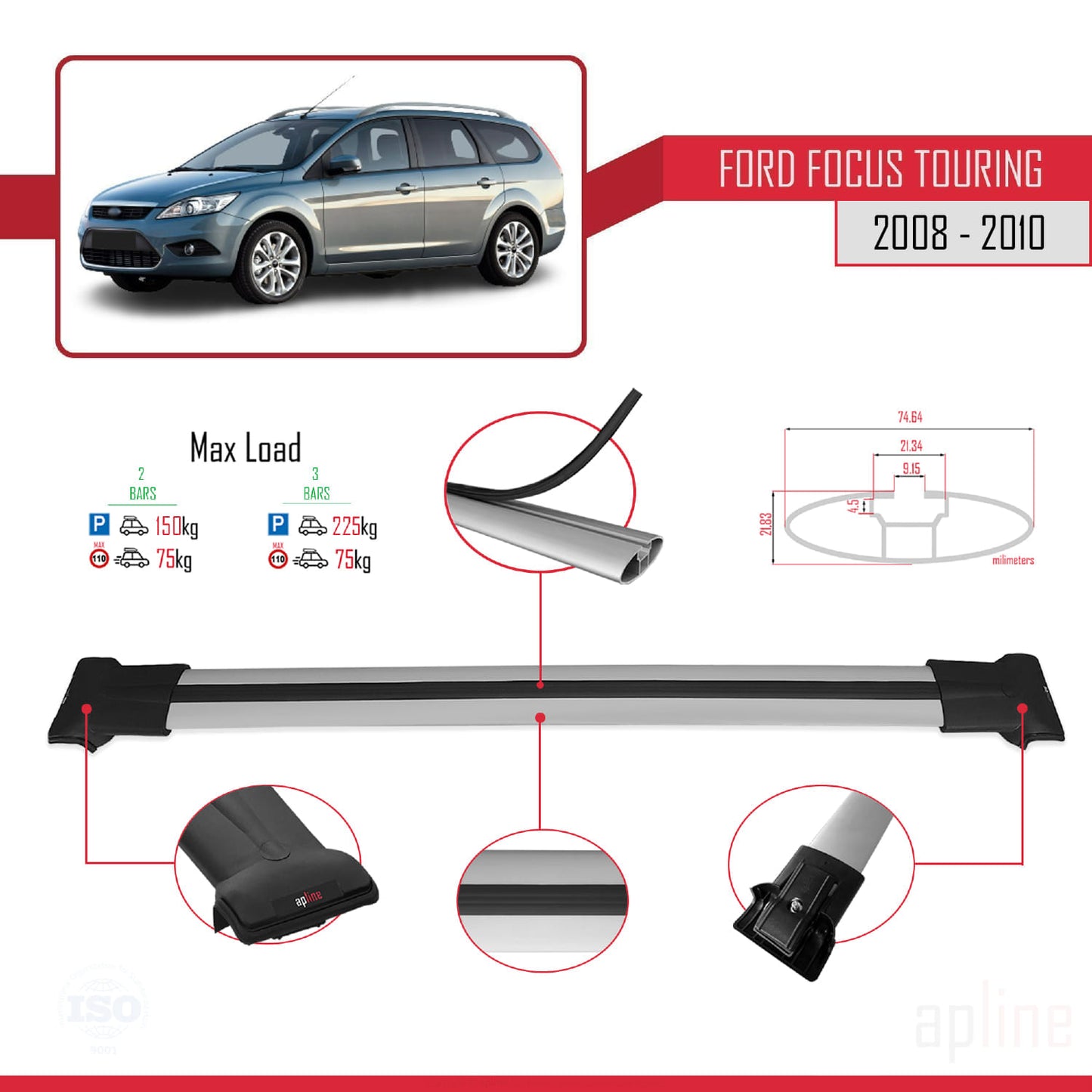 Compatibile con Ford Focus 2 (C307) Turnier 2008-2010 modello FLY Barre portatutto per auto Portapacchi in alluminio grigio 2 barre
