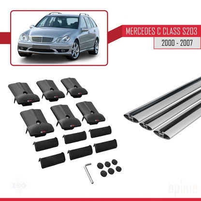 Compatible avec Mercedes Classe C 2 (S203) 2000-2007 FLY Model Barres de Toit Railing Porte-Bagages de Voiture Gris Aluminium 3 Barres