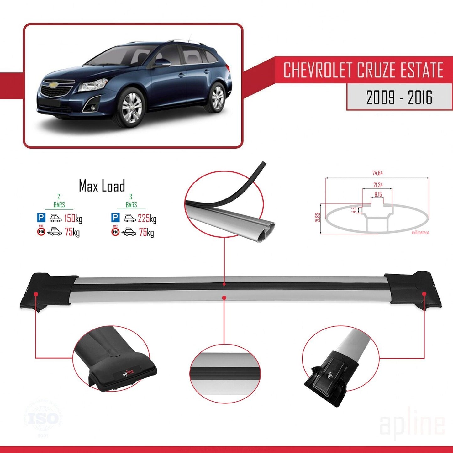 Compatibile con Chevrolet Cruze (J300) 2009-2016 modello FLY Barre portatutto per auto Portapacchi in alluminio grigio 2 barre