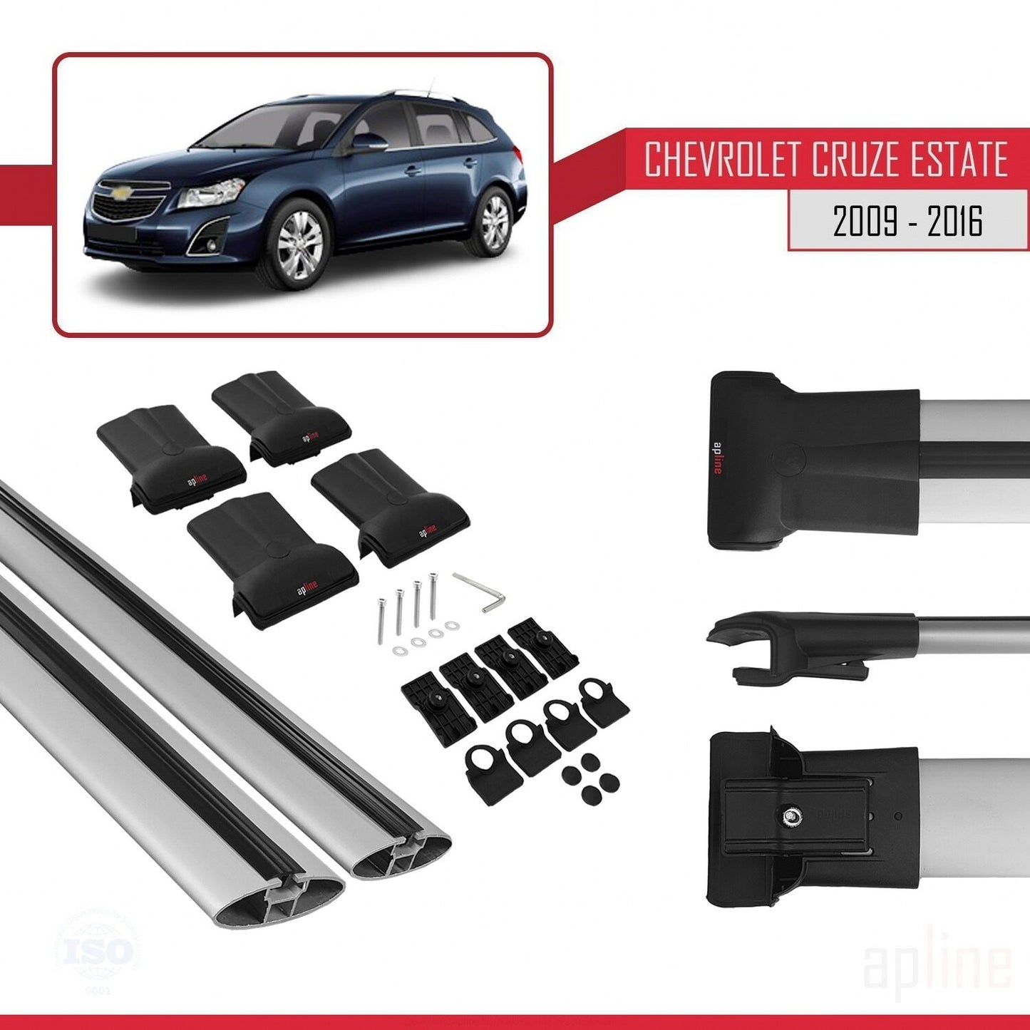 Compatibile con Chevrolet Cruze (J300) 2009-2016 modello FLY Barre portatutto per auto Portapacchi in alluminio grigio 2 barre