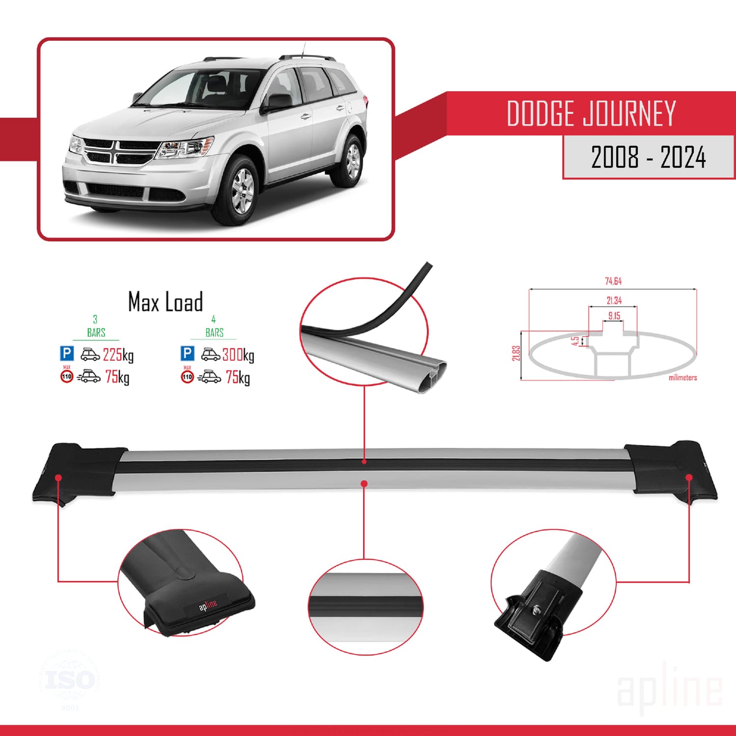 Compatibile con Dodge Journey 2008-2024 modello FLY Barre portatutto per auto Portapacchi in alluminio grigio 3 barre
