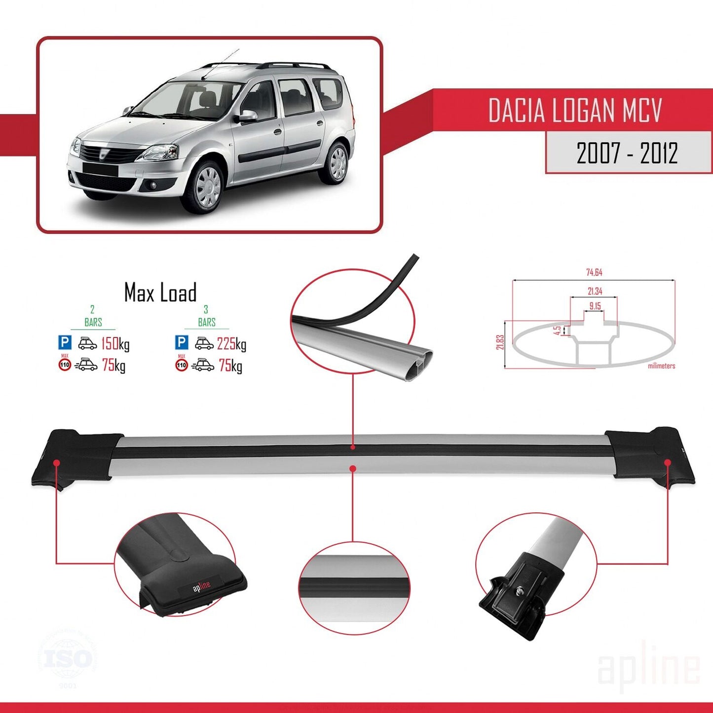 Compatibile con Dacia Logan 2 MCV (K52) 2007-2012 modello FLY Barre portatutto per auto Portapacchi in alluminio grigio 2 barre