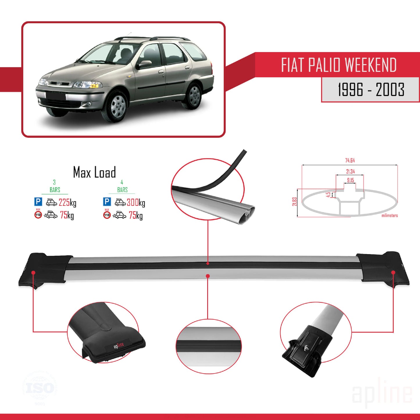 Compatibile con Fiat Palio (178) Weekend 1996-2003 Modello FLY Barre Portatutto Railing Portapacchi Auto Alluminio Grigio 3 Barre