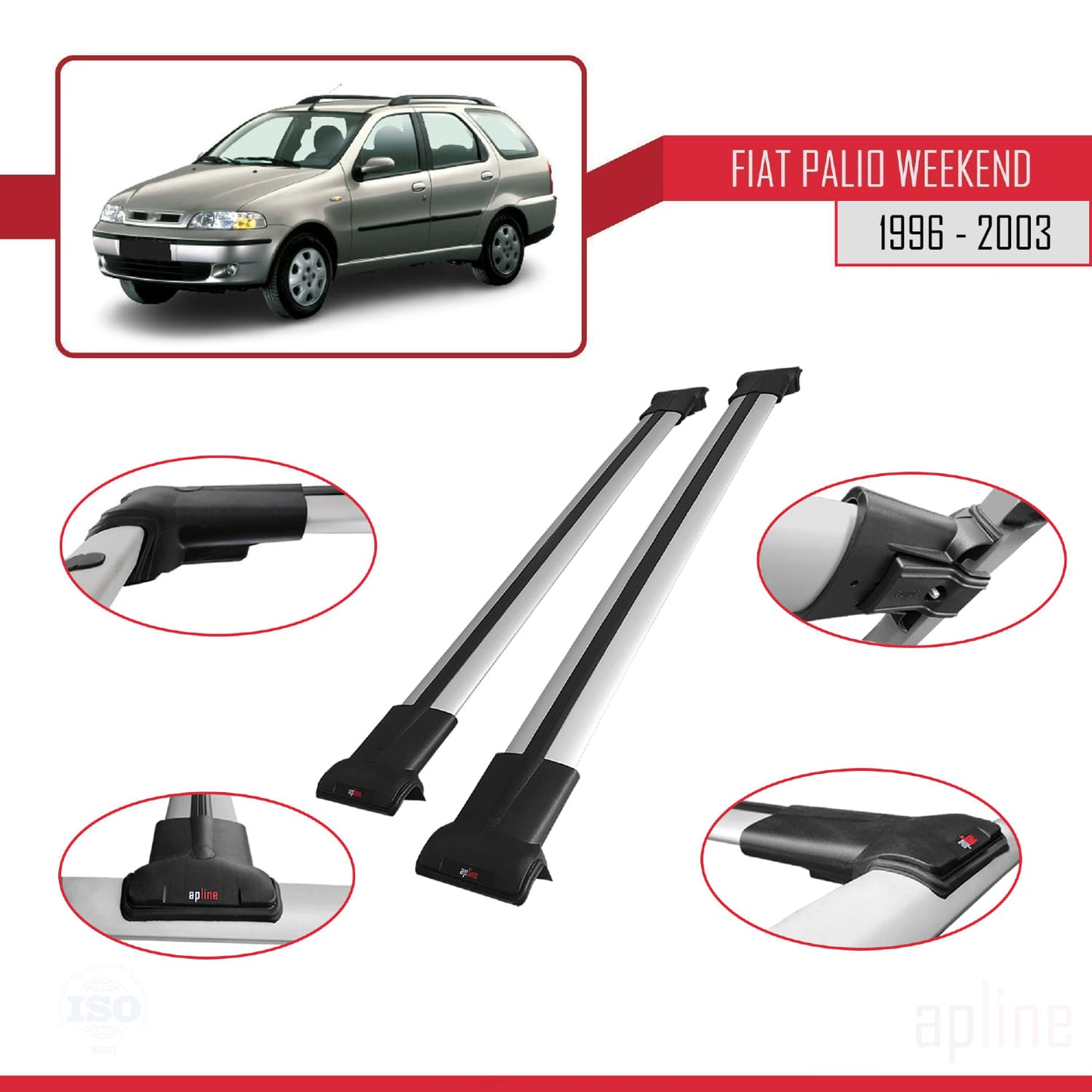 Compatibile con Fiat Palio (178) Weekend 1996-2003 Modello FLY Barre Portatutto Railing Portapacchi Auto Alluminio Grigio 2 Barre