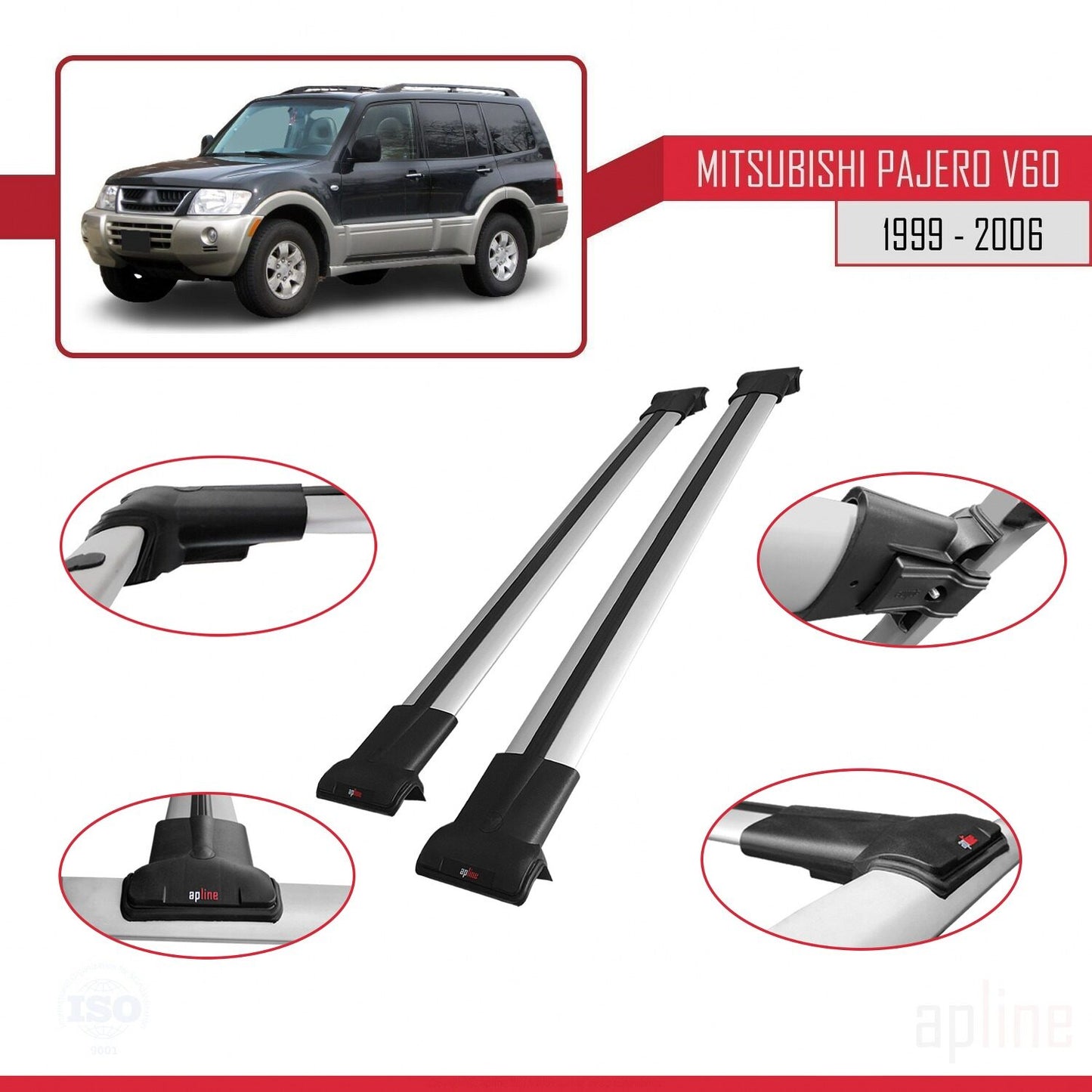 Compatibile con Mitsubishi Pajero (V60) 5 Kapı 1999-2006 FLY Model Barre Tetto Portapacchi Auto Barre Portatutto Grigo Alluminio 2 Barre