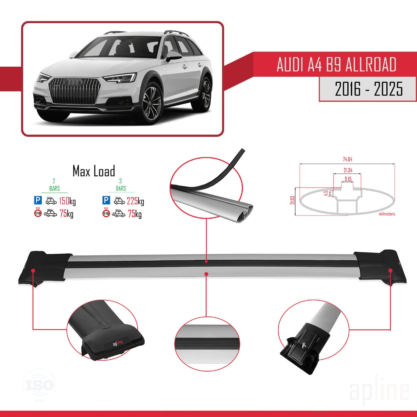 Compatibile con A4 (B9) Allroad 2016-2025 modello FLY Barre portatutto per auto Portapacchi in alluminio grigio 2 barre