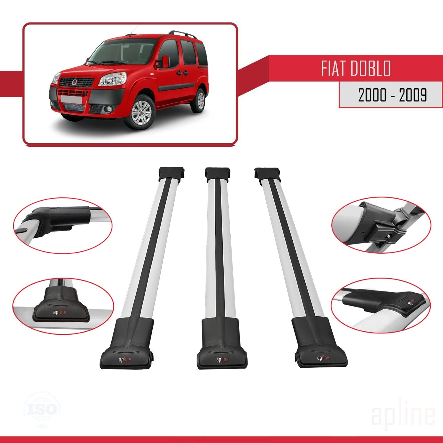 Compatible avec Fiat Doblo 2000-2009 FLY Model Barres de Toit Railing Porte-Bagages de Voiture Gris Aluminium 3 Barres