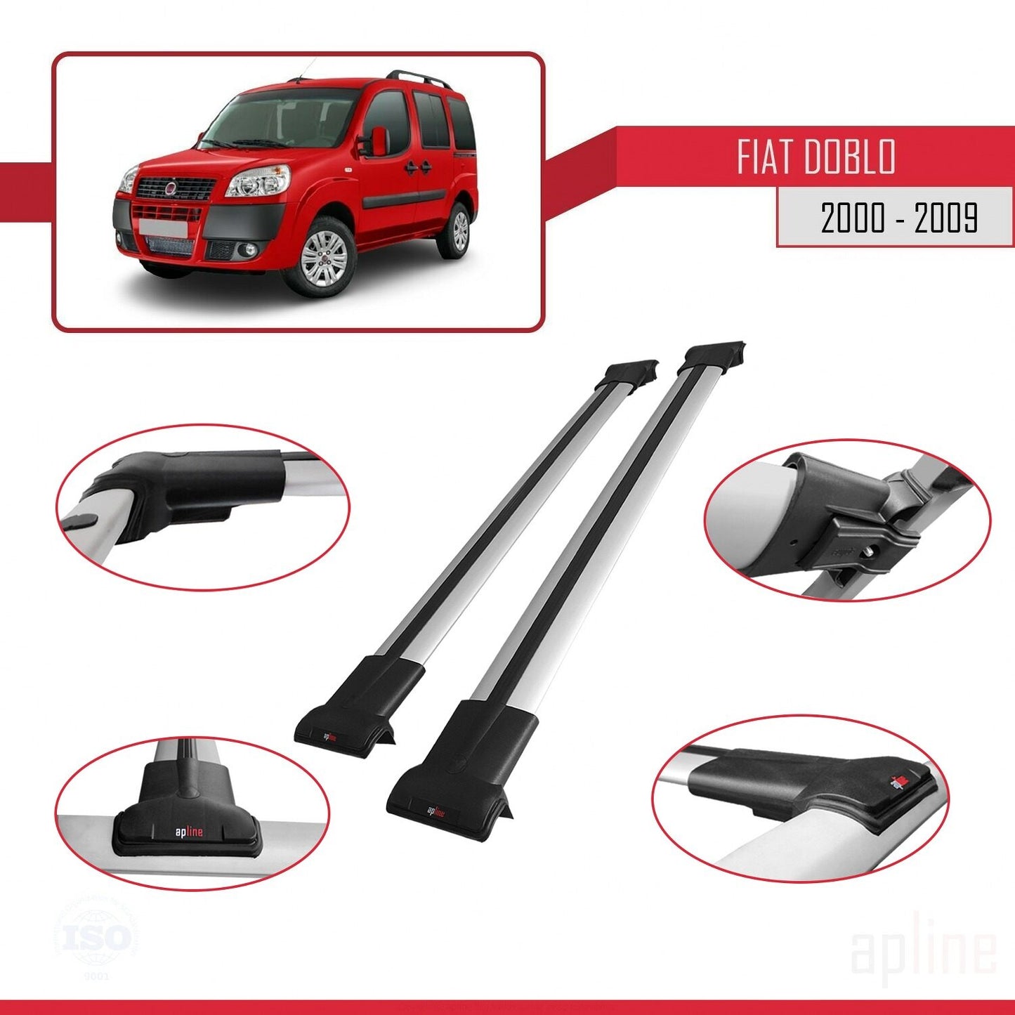 Compatibile con Fiat Doblo 2000-2009 Modello FLY Barre Portatutto Railing Portapacchi Auto Alluminio Grigio 2 Barre