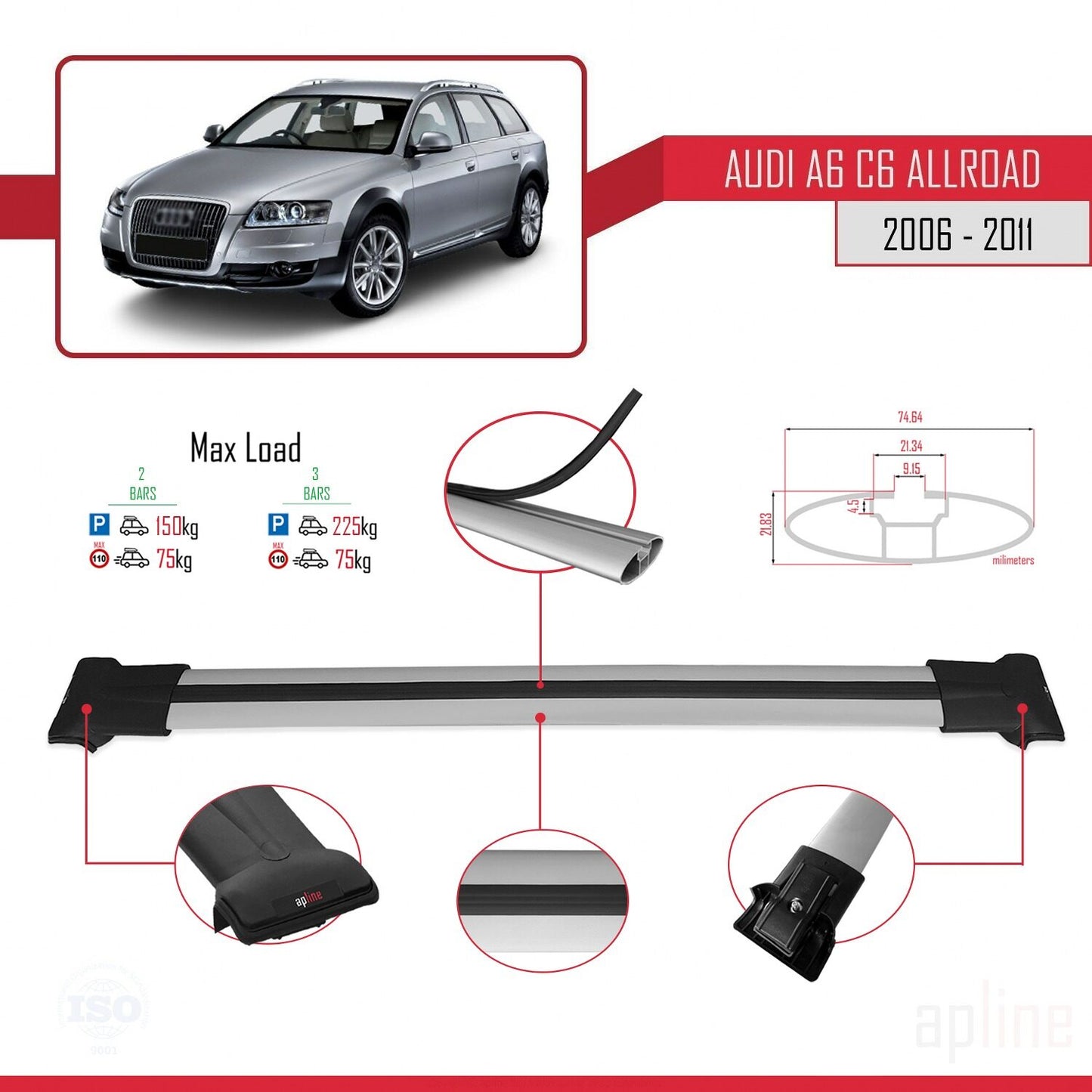 Compatibile con A6 (C6) Allroad 2006-2011 modello FLY Barre portatutto per auto Portapacchi in alluminio grigio 2 barre