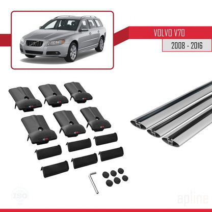 Compatible avec Volvo V70 III 2008-2016 FLY Model Barres de Toit Railing Porte-Bagages de Voiture Gris Aluminium 3 Barres